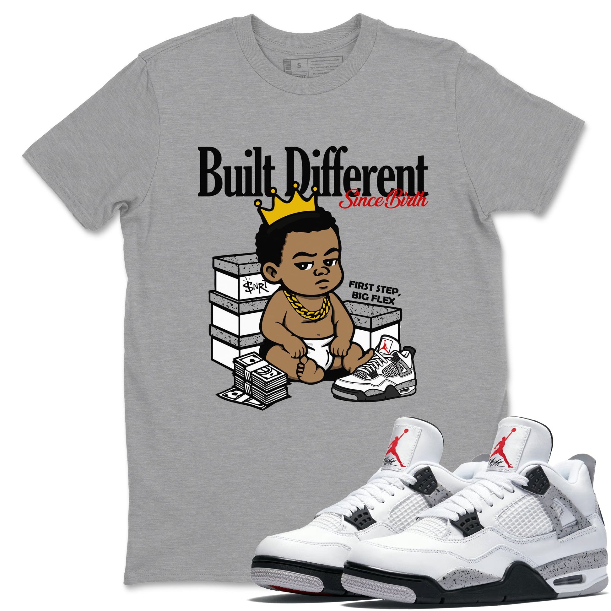 Bulit Different Since Birth sneaker match t-shirt styled to complete your fit with the Air Jordan 4 White Cement sneakers, shown in Heather Grey 1.