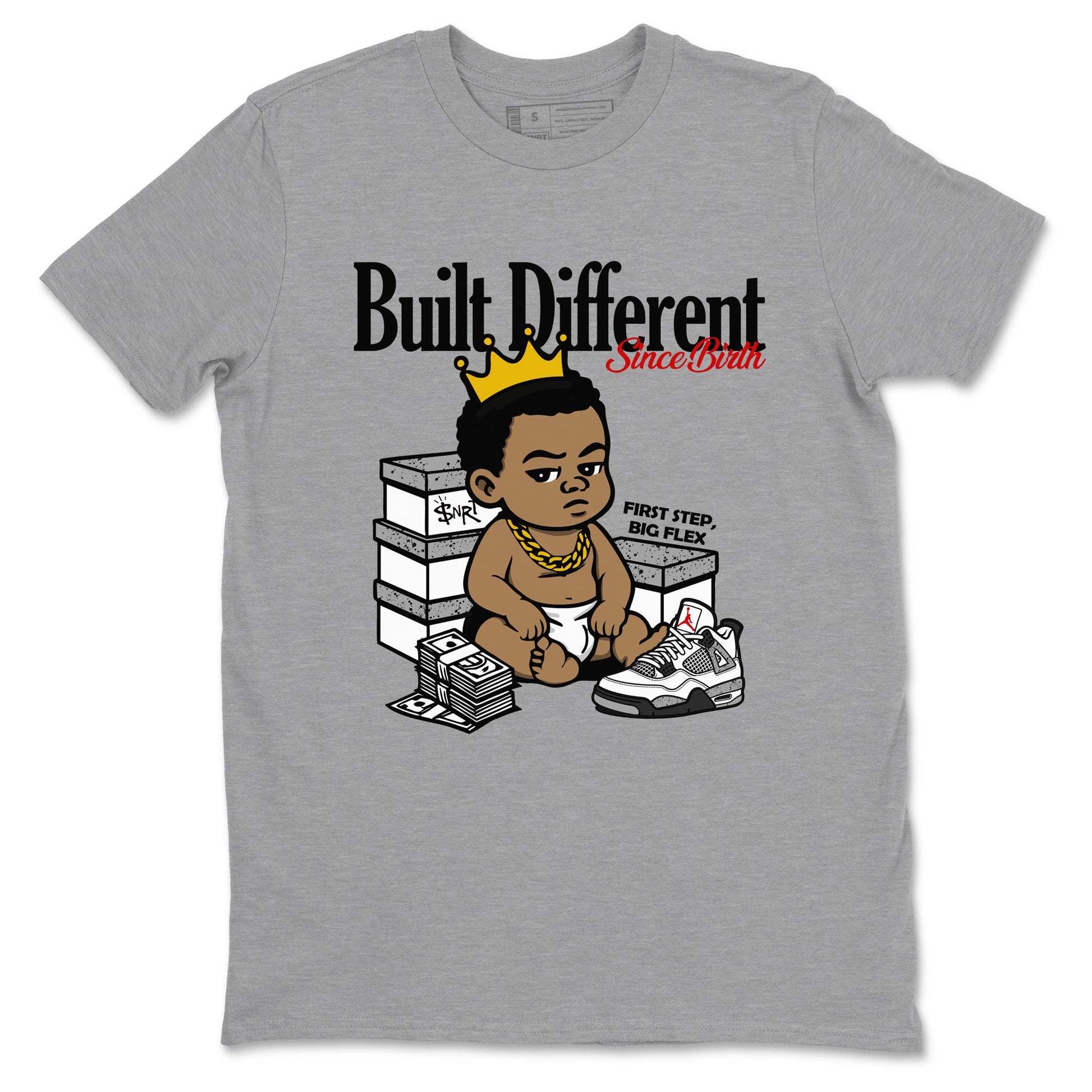 Bulit Different Since Birth sneaker match t-shirt styled to complete your fit with the Air Jordan 4 White Cement sneakers, shown in Heather Grey 2.