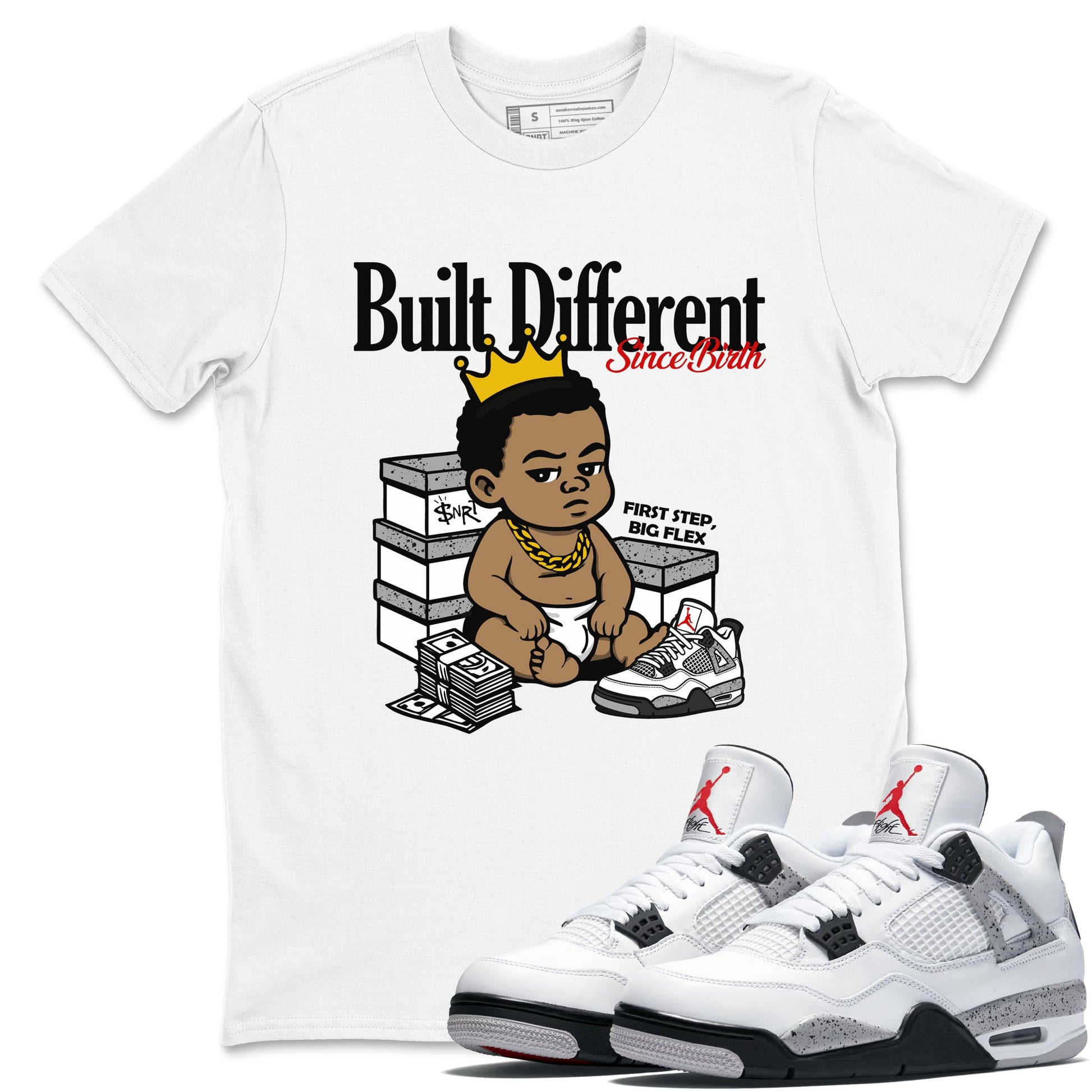 Bulit Different Since Birth sneaker match t-shirt styled to complete your fit with the Air Jordan 4 White Cement sneakers, shown in White 1.