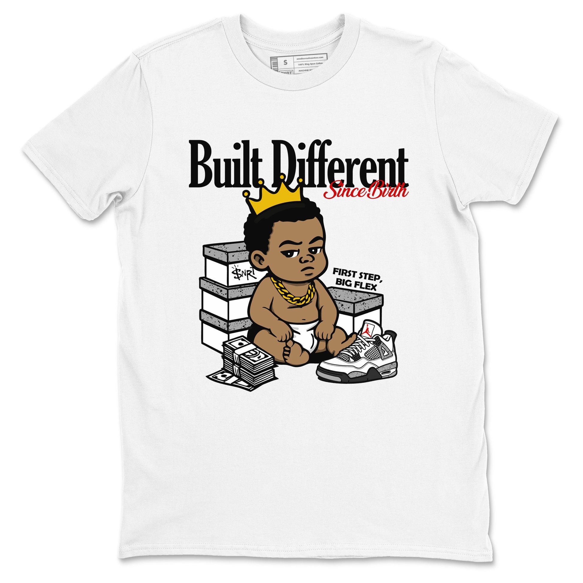 Bulit Different Since Birth sneaker match t-shirt styled to complete your fit with the Air Jordan 4 White Cement sneakers, shown in White 2.