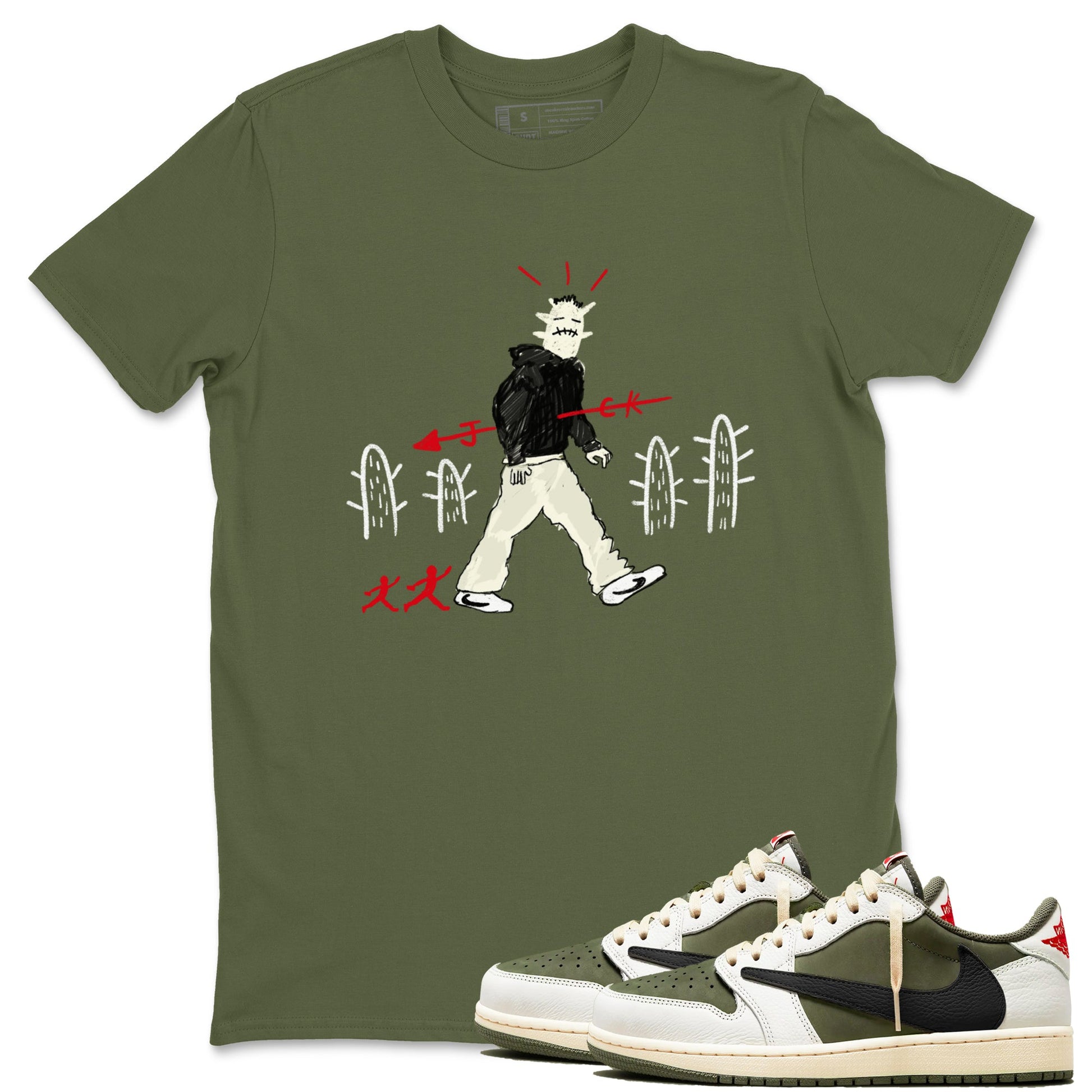 1s Travis Scott Medium Olive shirts to match jordans Cactus Man sneaker match tees Air Jordan 1 Travis Scott Medium Olive SNRT Sneaker Tees streetwear brand