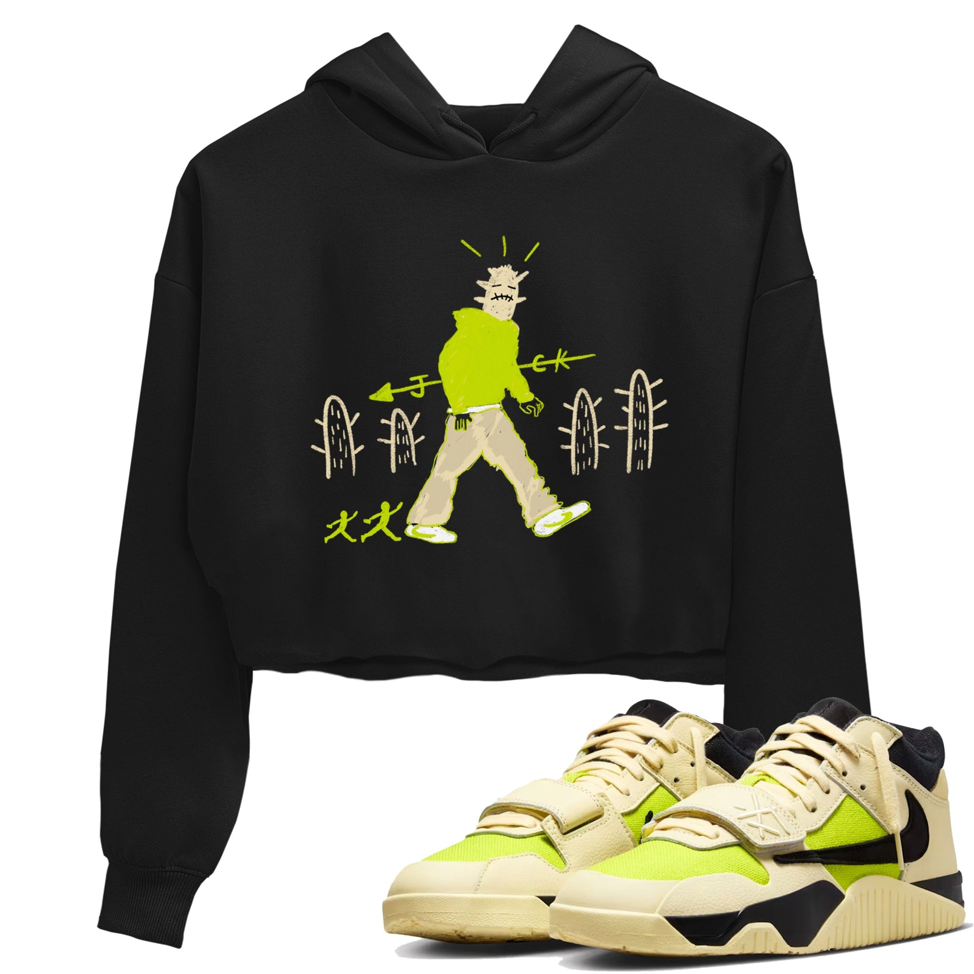 Cactus Man womens crop tee made to vibe with the Jordan Jumpman Jack Travis Scott Bright Cactus sneakers — the perfect match in Black 1.