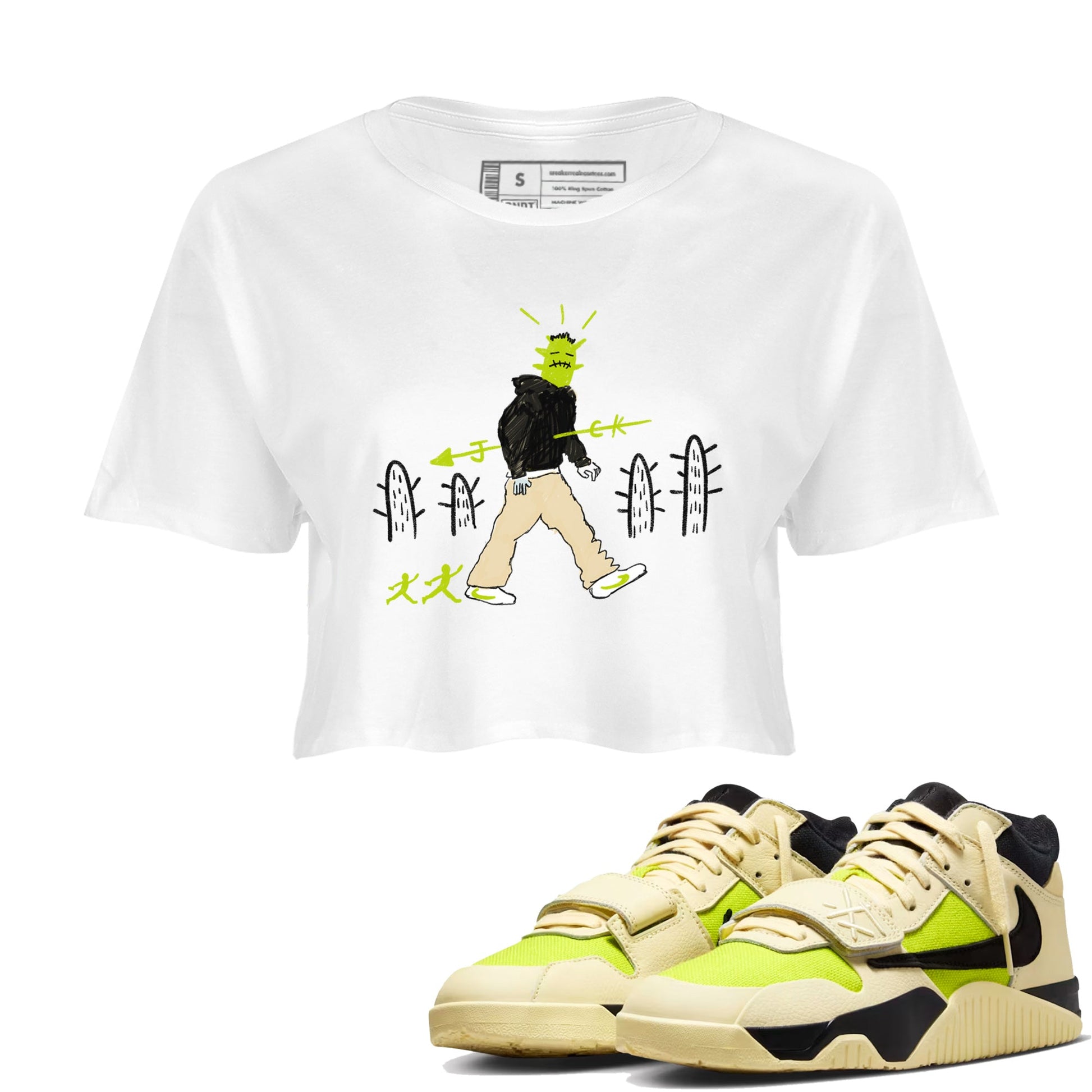 Cactus Man womens crop tee made to vibe with the Jordan Jumpman Jack Travis Scott Bright Cactus sneakers — the perfect match in White 1.