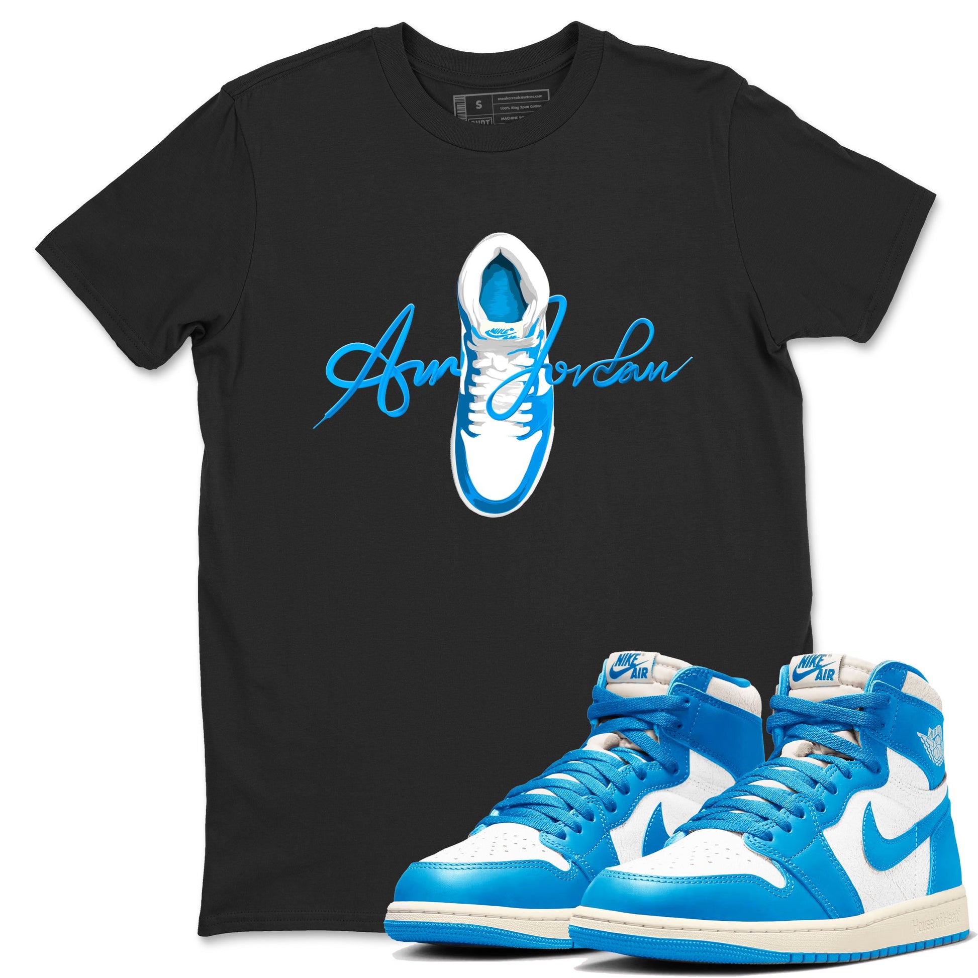 1s High OG UNC Reimagined shirts to match jordans Caligraphy Shoe Lace graphic tees Air Jordan 1 UNC Reimagined match shoes to clothes SNRT Sneaker Tees unisex cotton Black 1 shirts