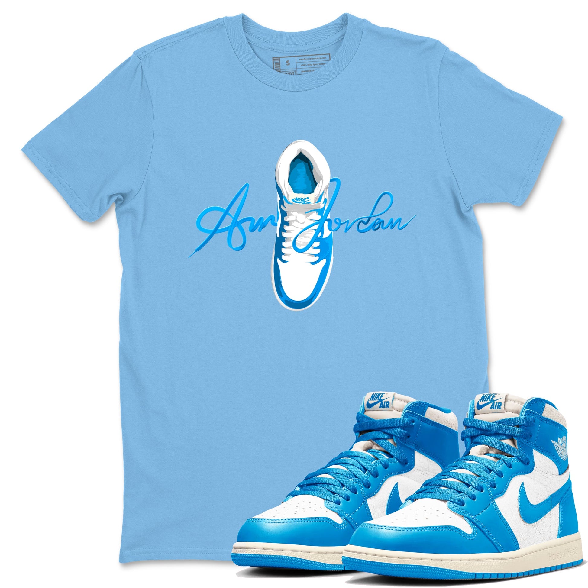 1s High OG UNC Reimagined shirts to match jordans Caligraphy Shoe Lace graphic tees Air Jordan 1 UNC Reimagined match shoes to clothes SNRT Sneaker Tees unisex cotton Carolina Blue 1 shirts