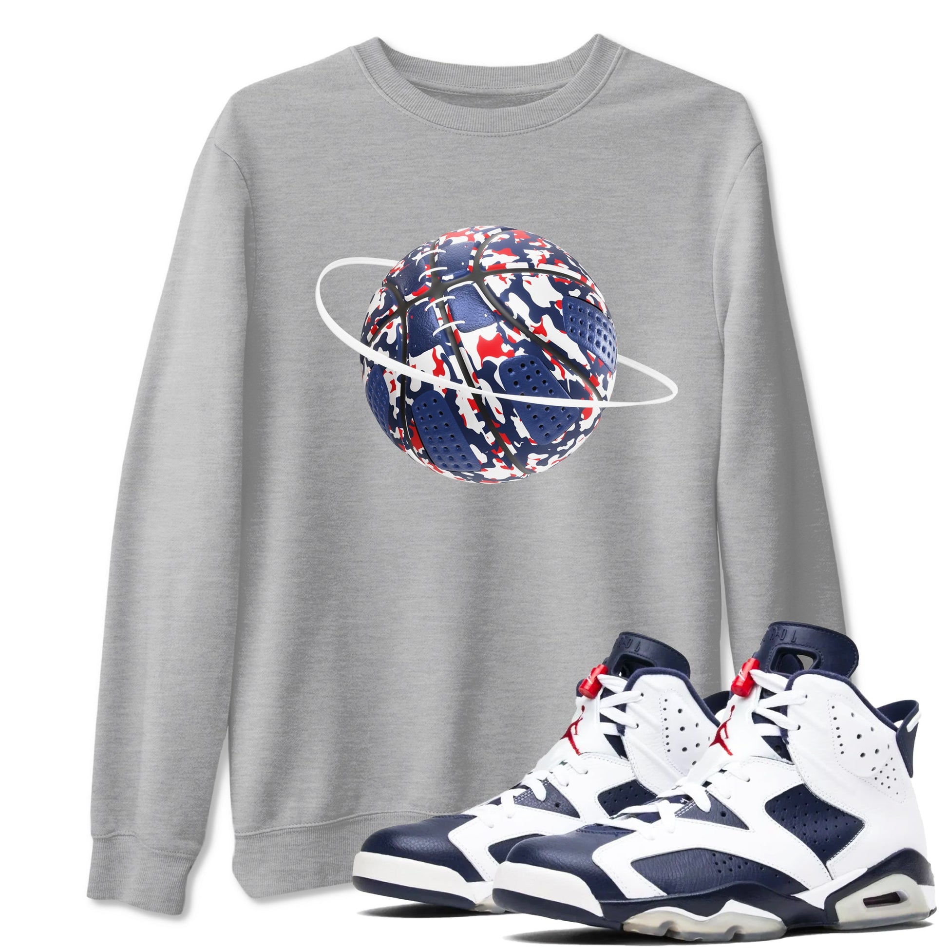 6s White And Midnight Navy shirts to match jordans Camo Basketball Planet sneaker match tees Air Jordan 6 White And Midnight Navy SNRT Sneaker Tees streetwear brand Heather Grey 1 unisex cotton tee