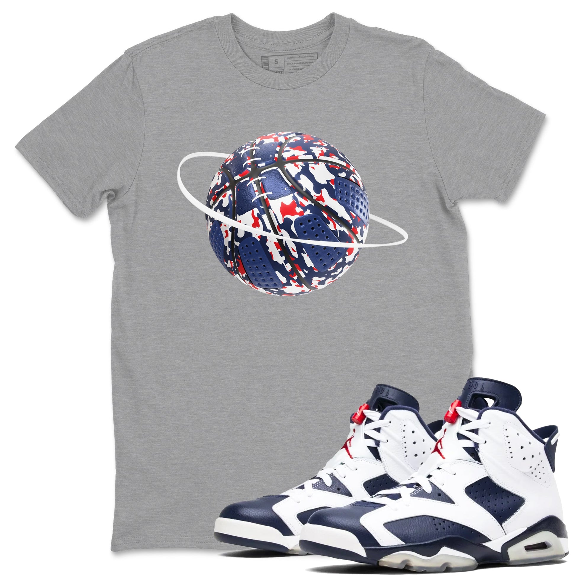 6s White And Midnight Navy shirts to match jordans Camo Basketball Planet sneaker match tees Air Jordan 6 White And Midnight Navy SNRT Sneaker Tees streetwear brand Heather Grey 1 unisex cotton tee