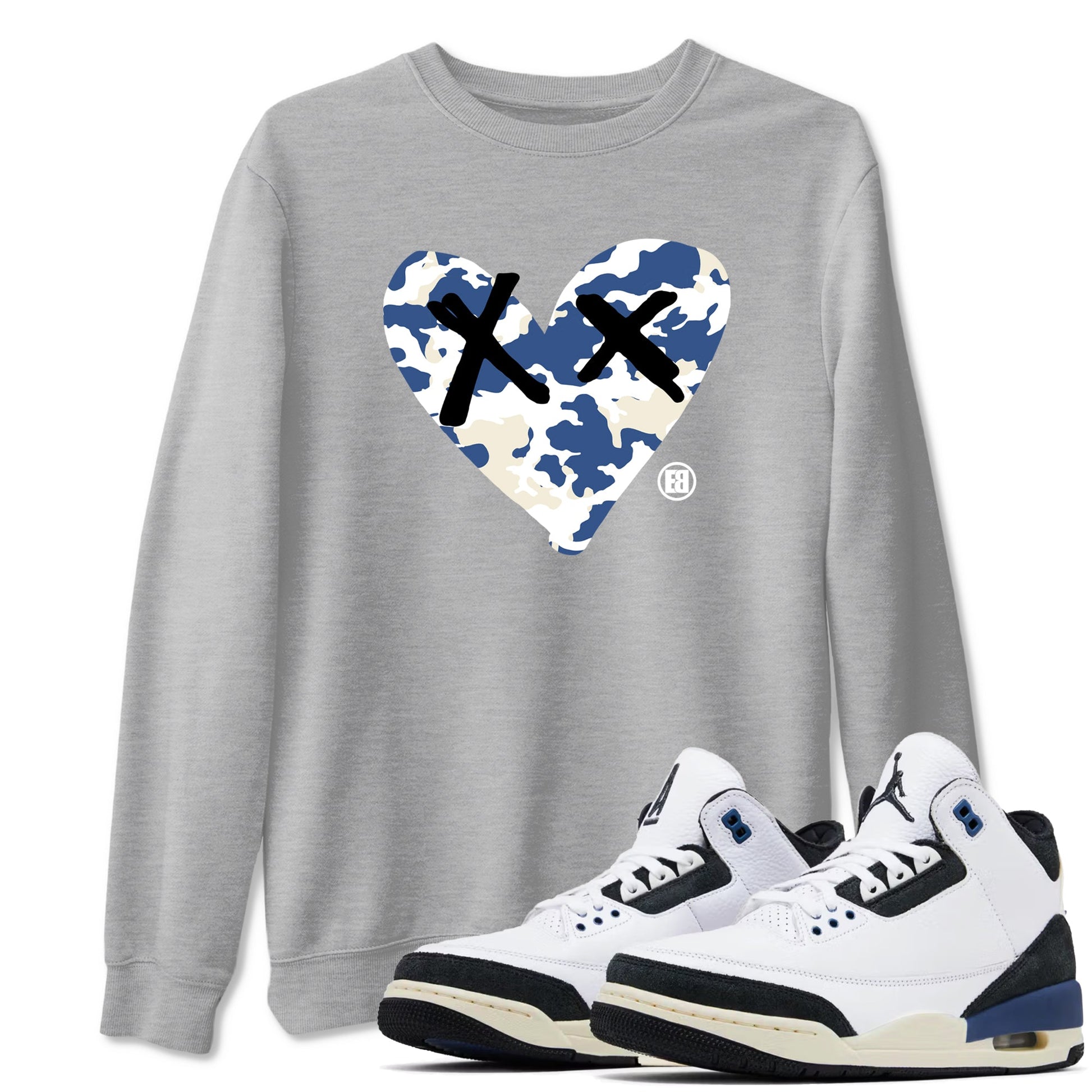 A Ma Maniere Air Jordan 3 Diffused Blue shirts to match jordans Camo Heart graphic tee Jordan 3 For The Love best t-shirts to wear with jordans SNRT Sneaker Tees unisex cotton Heather Grey 1 shirts