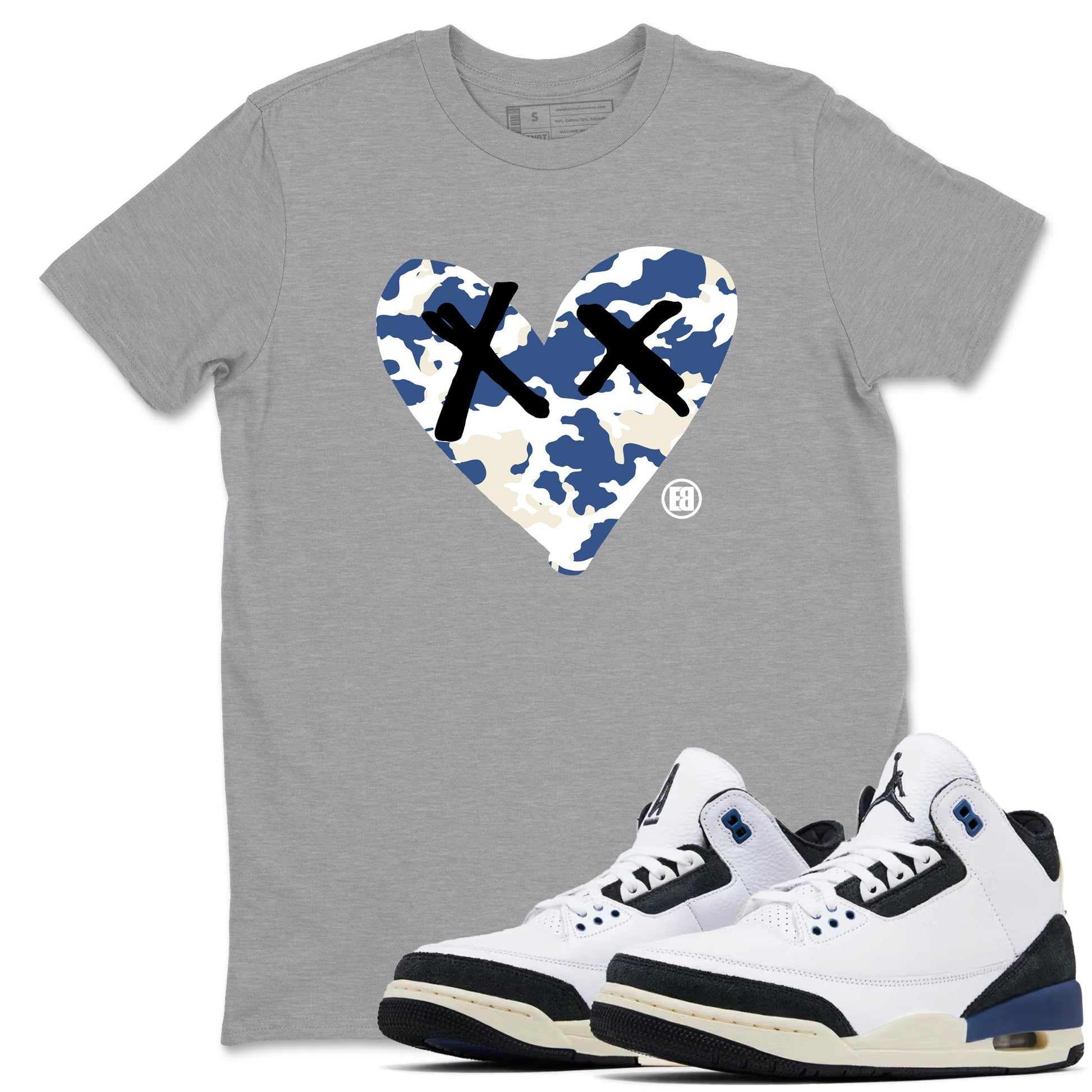 A Ma Maniere Air Jordan 3 Diffused Blue shirts to match jordans Camo Heart graphic tee Jordan 3 For The Love best t-shirts to wear with jordans SNRT Sneaker Tees unisex cotton Heather Grey 1 shirts