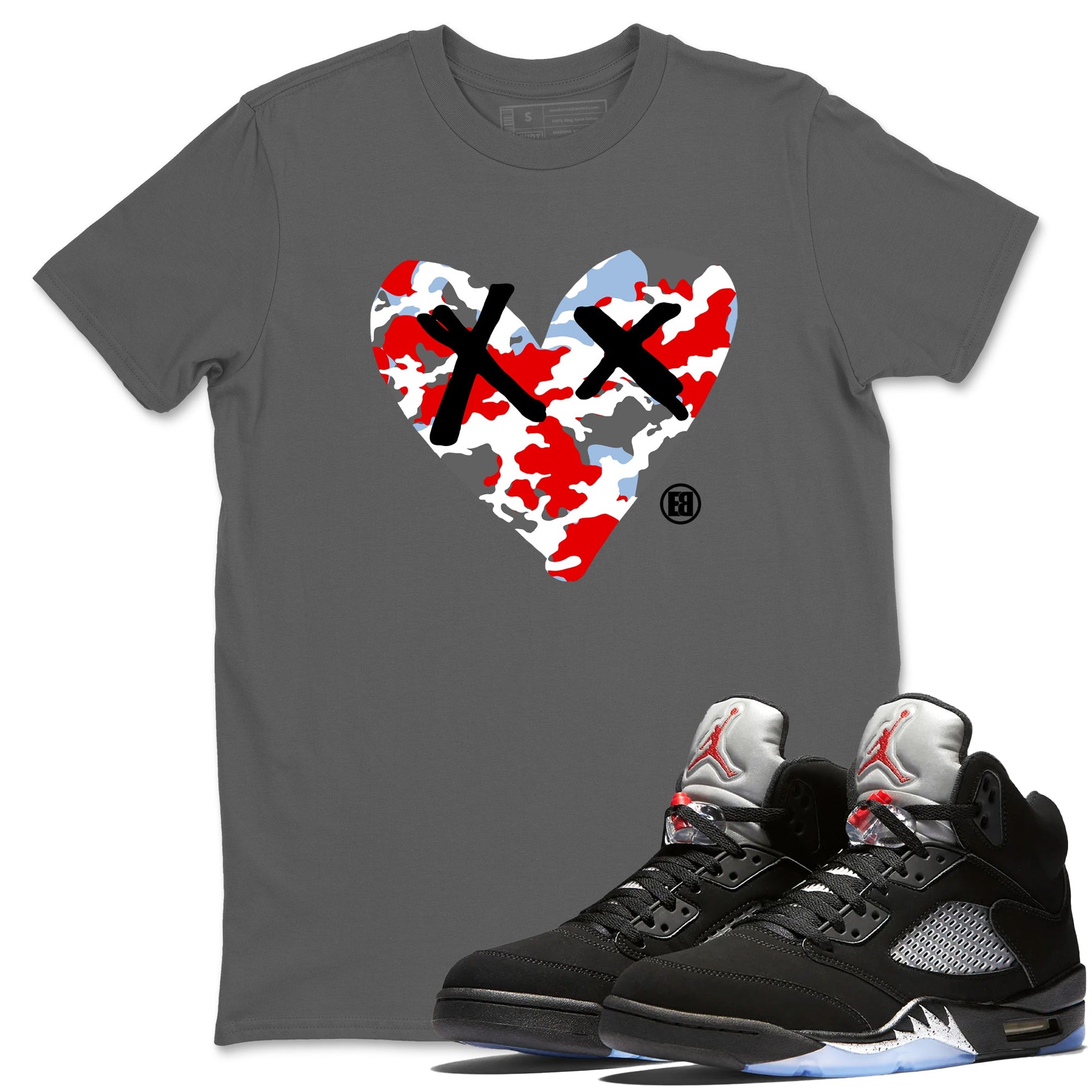 AJ5 Reimagined shirts to match jordans Camo Heart best t shirts to wear with jordans Air Jordan 5 Retro OG Reimagined match shoes to clothes SNRT Sneaker Tees unisex cotton Cool Grey 1 shirts
