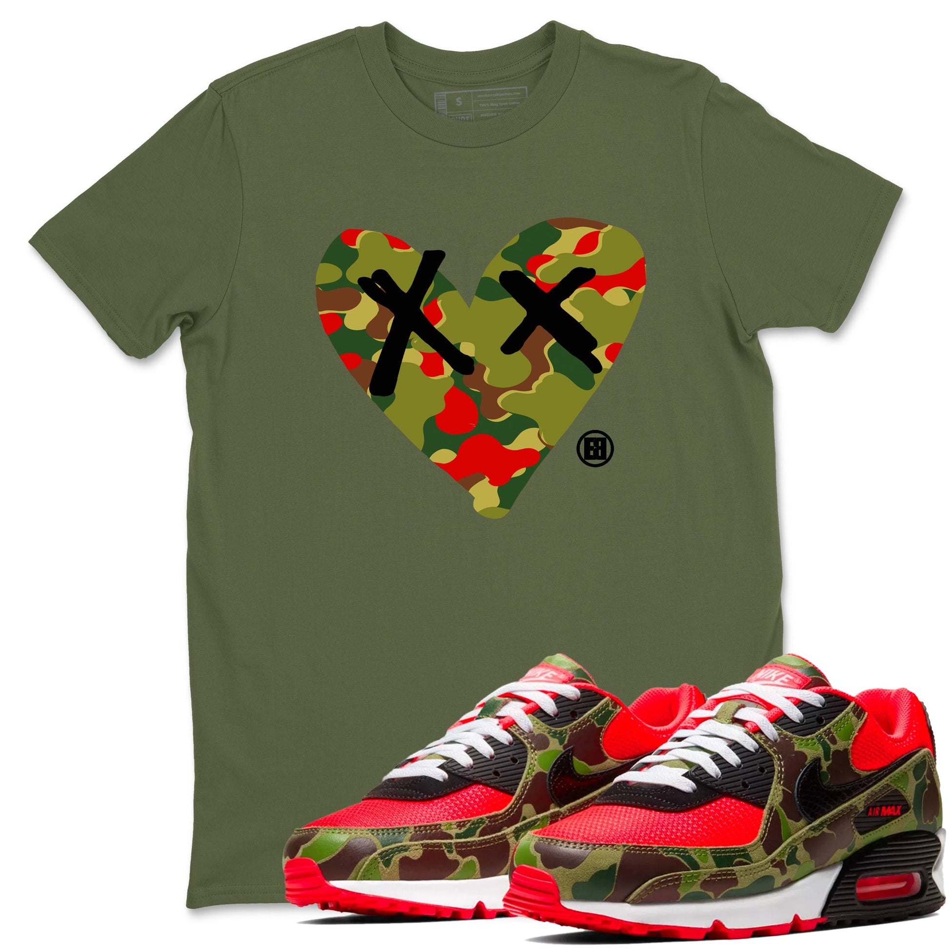 Air Max 90 Reverse Duck Camo shirts to match jordans Camo Heart best t shirts to wear with jordans Air Max 90 Reverse Duck Camo match shoes to clothes SNRT Sneaker Tees unisex cotton Military Green 1 shirts