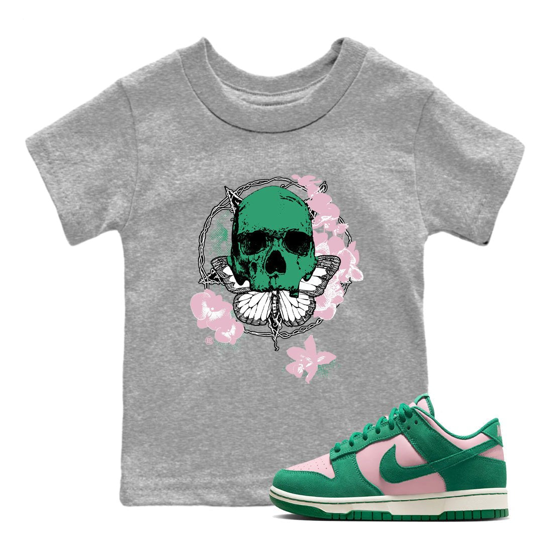 Dunk Medium Soft Pink Malachite t shirts to match sneakers Carpe Diem Skull sneaker match tees Dunk Medium Soft Pink Malachite shirt SNRT Sneaker Tees Youth Baby Heather Grey 1 tee