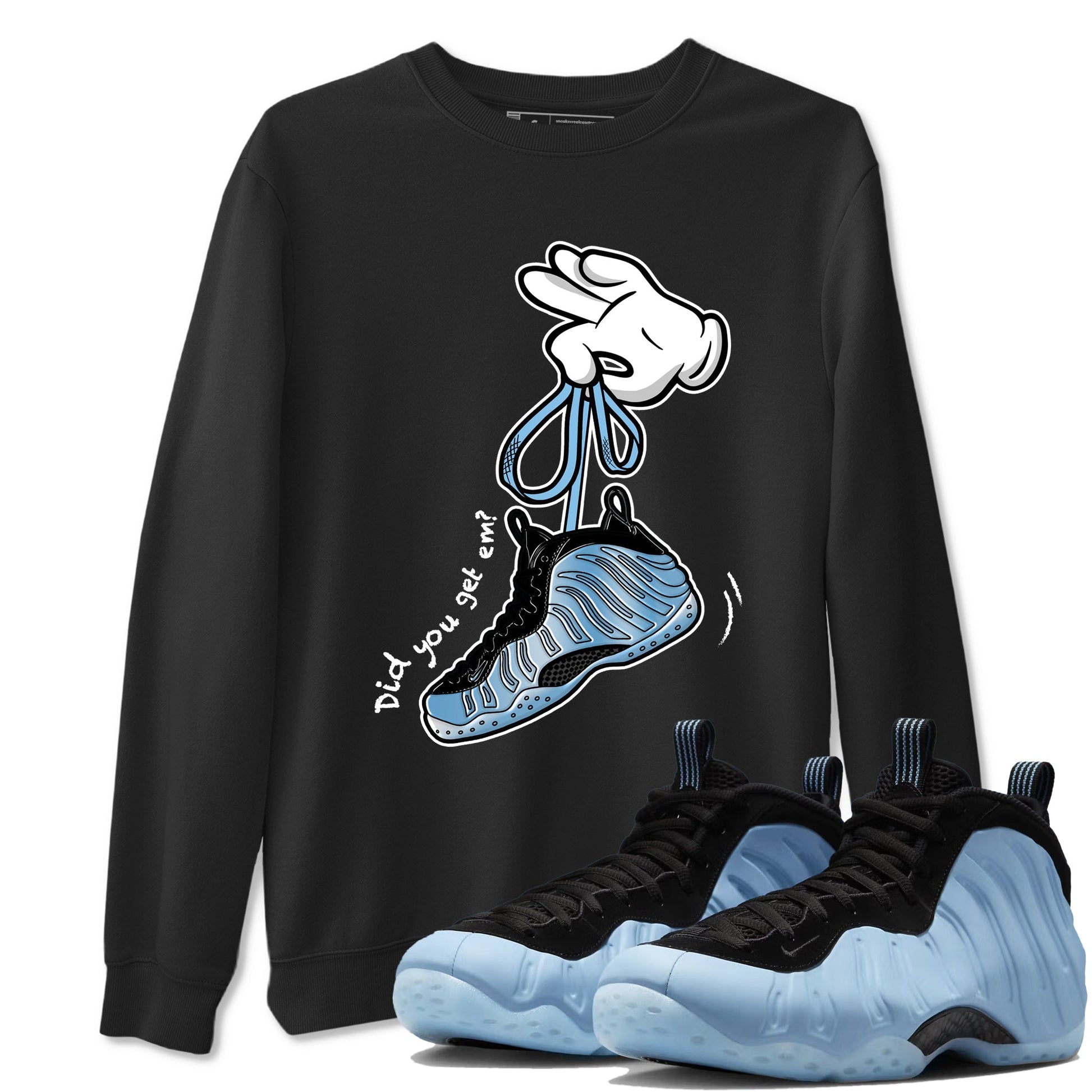 Cartoon Hands sneaker match t-shirt styled to complete your fit with the Air Foamposite One Psychic Blue sneakers, shown in Black 1.