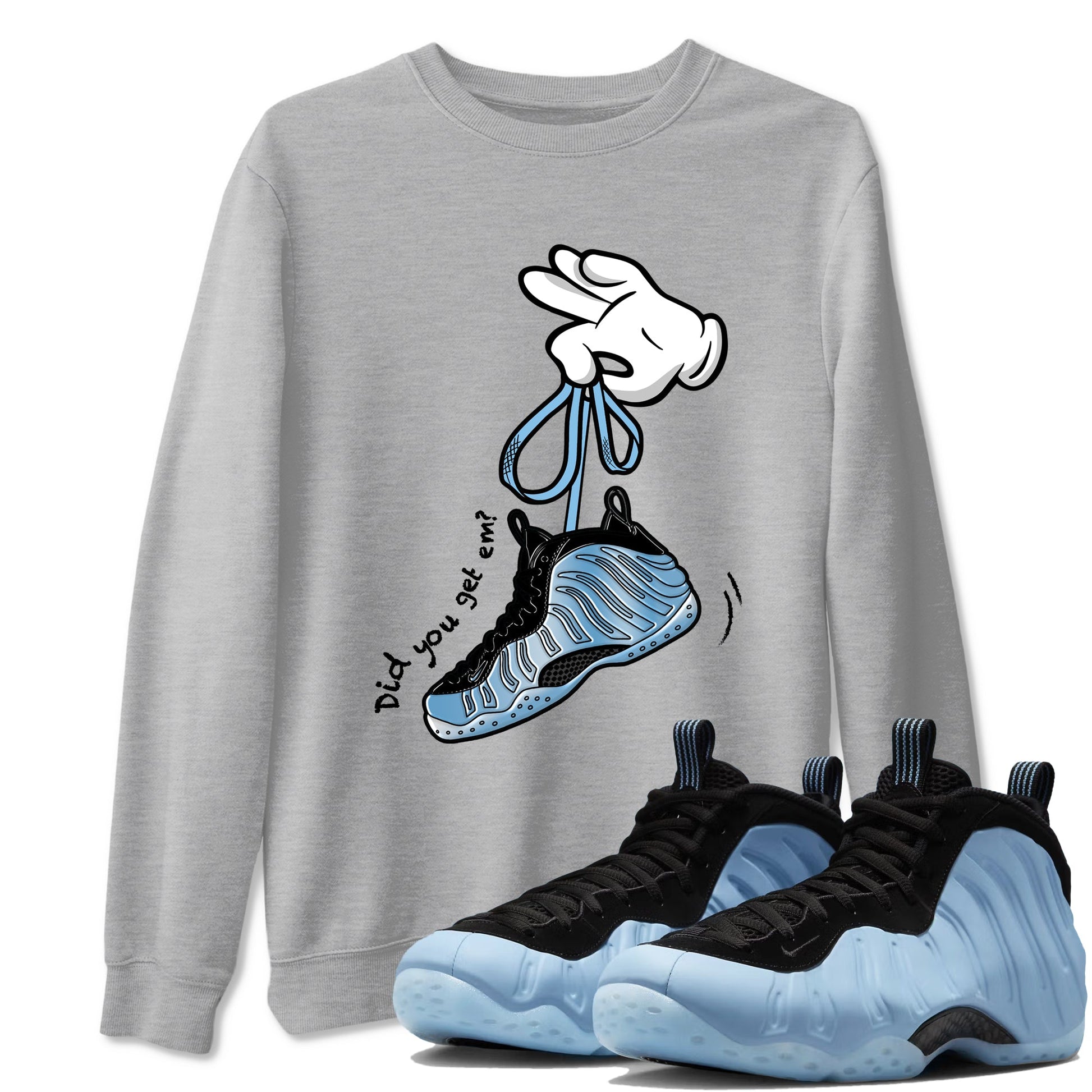Cartoon Hands sneaker match t-shirt styled to complete your fit with the Air Foamposite One Psychic Blue sneakers, shown in Heather Grey 1.