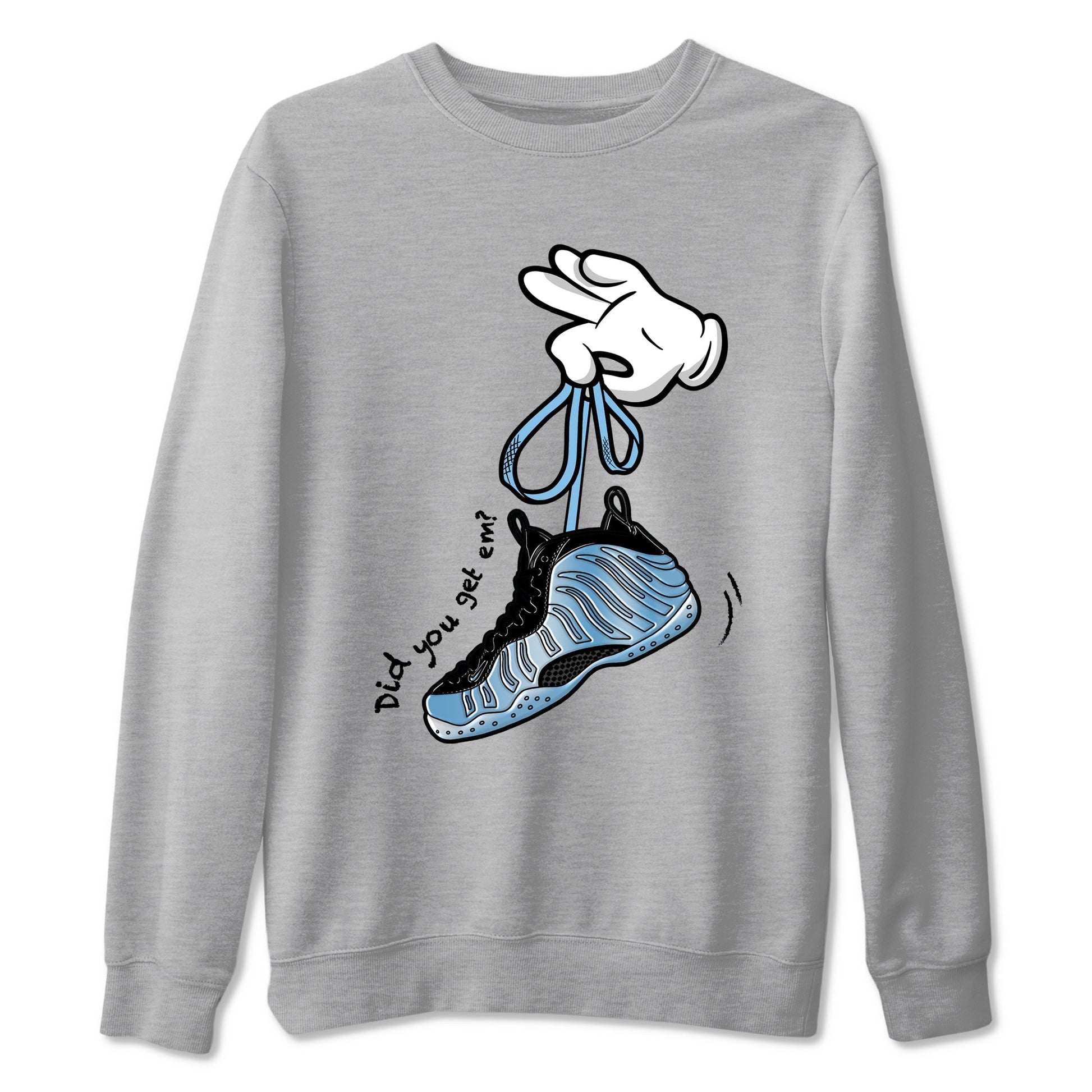 Cartoon Hands sneaker match t-shirt styled to complete your fit with the Air Foamposite One Psychic Blue sneakers, shown in Heather Grey 2.