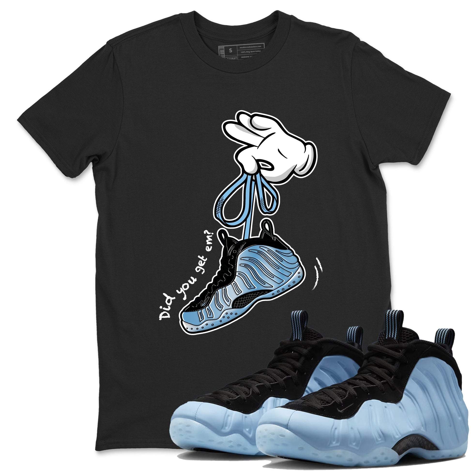 Cartoon Hands sneaker match t-shirt styled to complete your fit with the Air Foamposite One Psychic Blue sneakers, shown in Black 1.