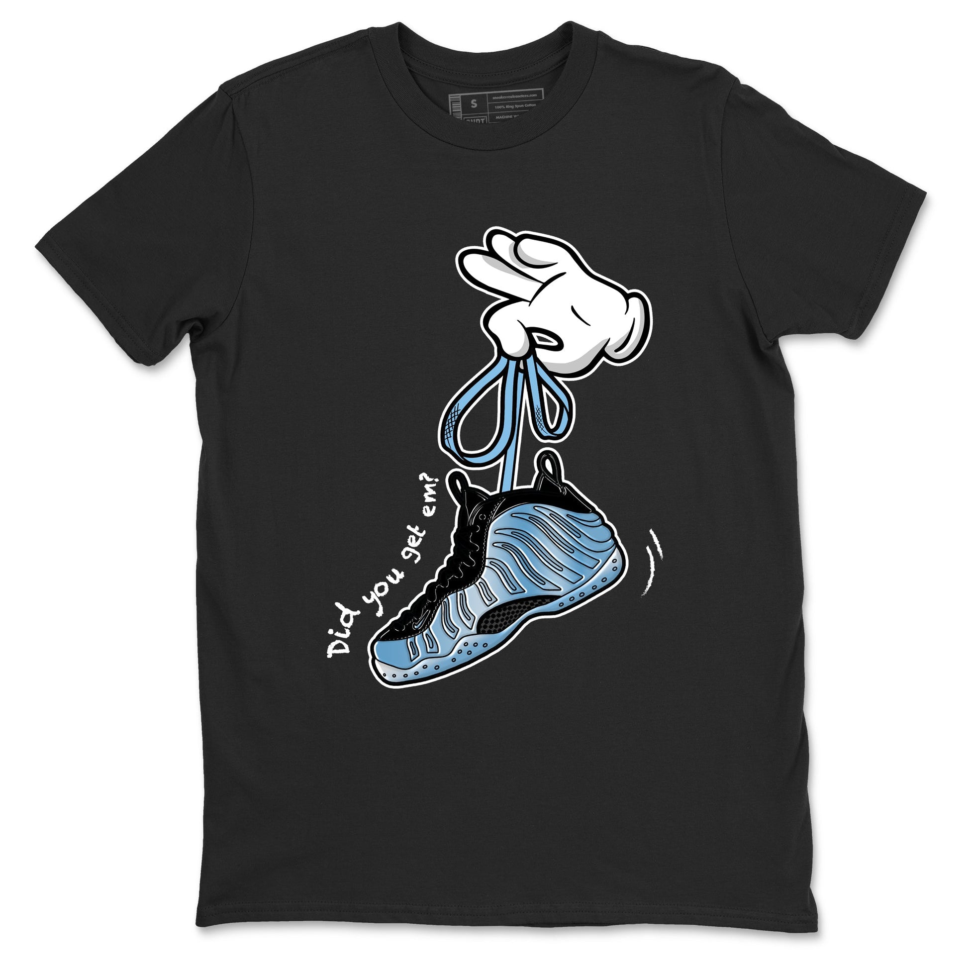 Cartoon Hands sneaker match t-shirt styled to complete your fit with the Air Foamposite One Psychic Blue sneakers, shown in Black 2.