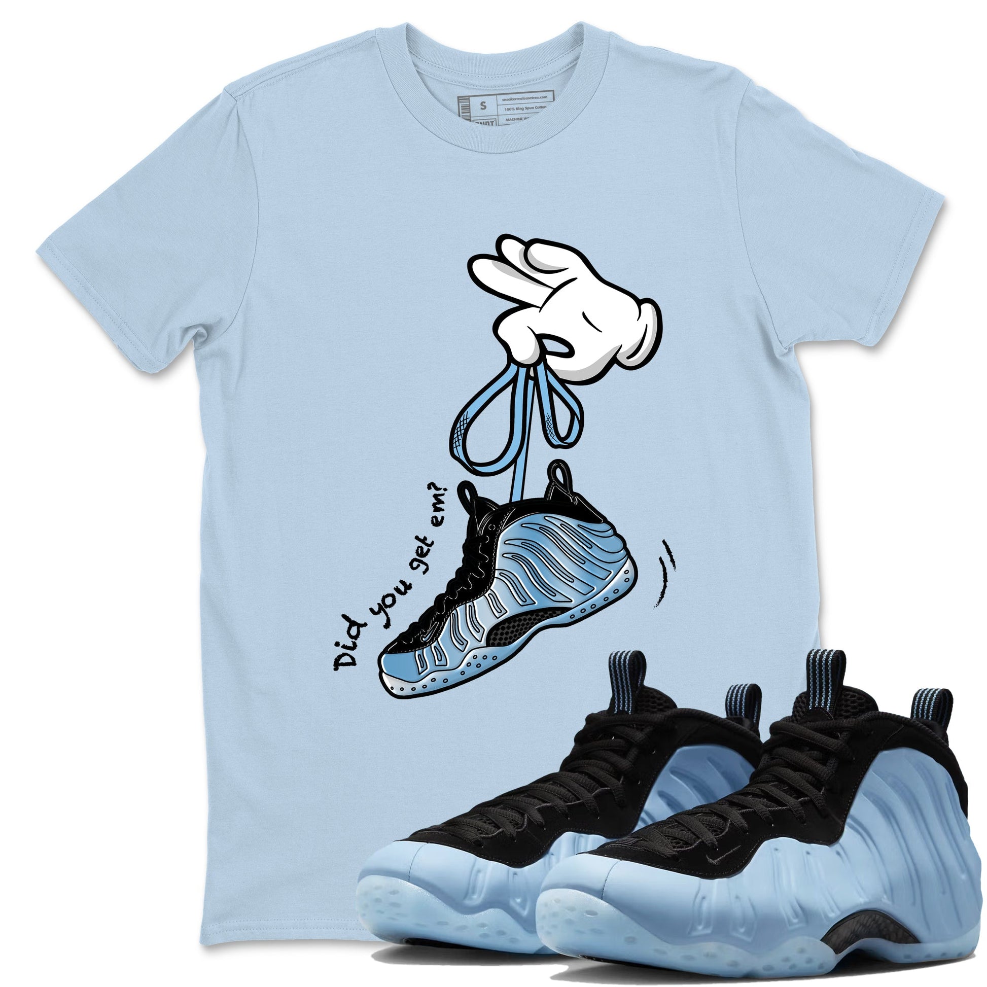 Cartoon Hands sneaker match t-shirt styled to complete your fit with the Air Foamposite One Psychic Blue sneakers, shown in Light Blue 1.