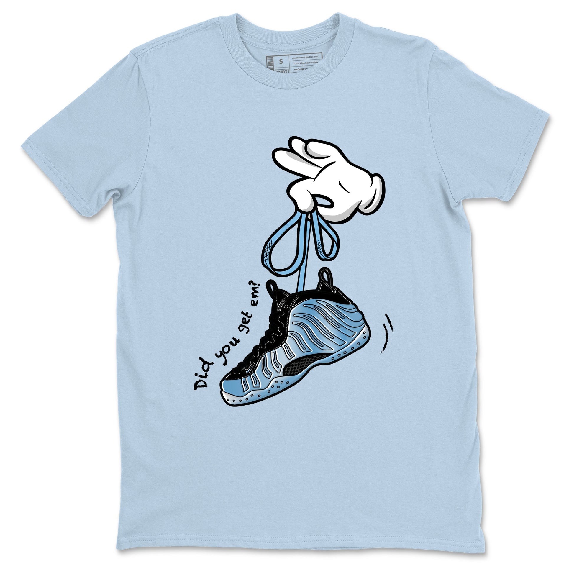 Cartoon Hands sneaker match t-shirt styled to complete your fit with the Air Foamposite One Psychic Blue sneakers, shown in Light Blue 2.