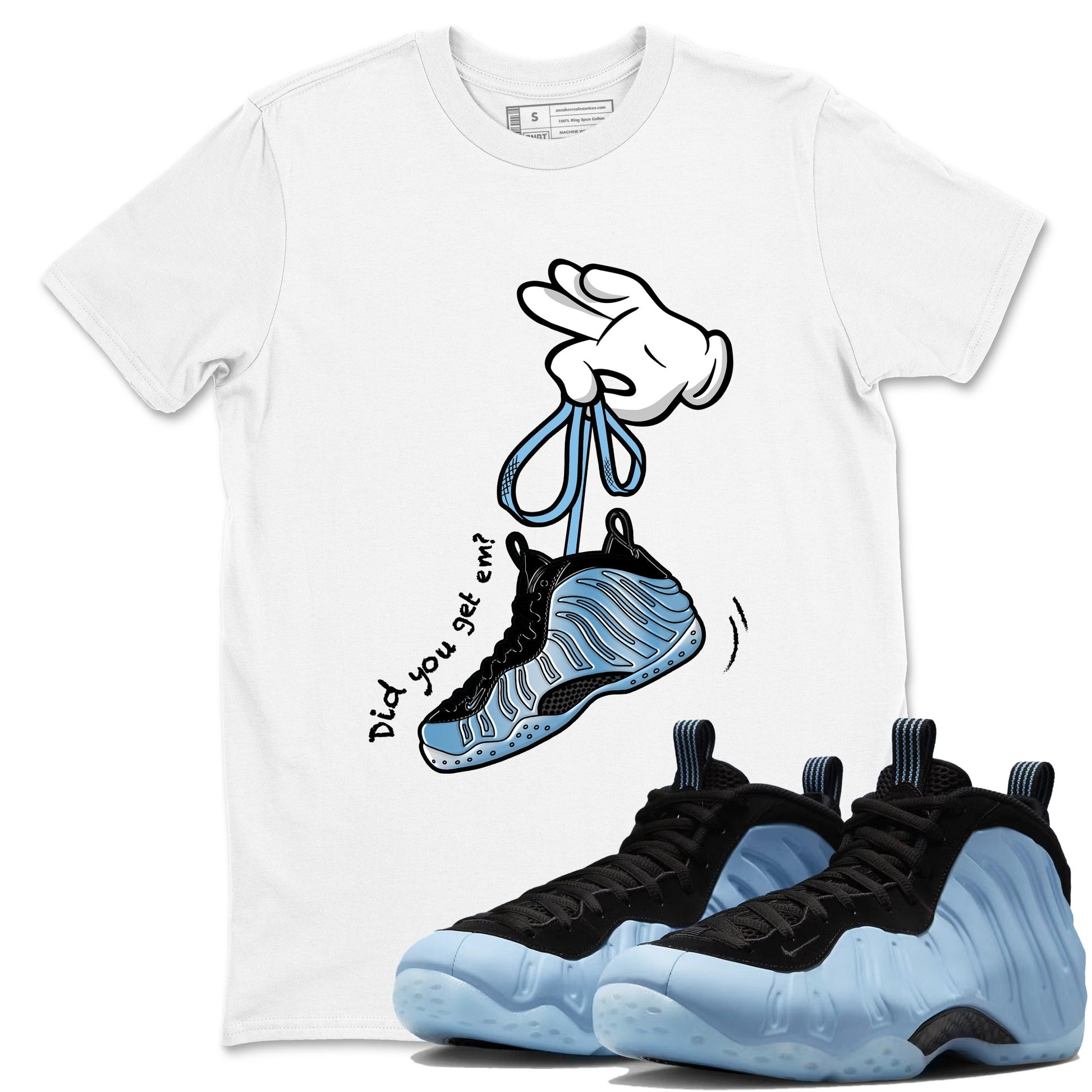 Cartoon Hands sneaker match t-shirt styled to complete your fit with the Air Foamposite One Psychic Blue sneakers, shown in White 1.