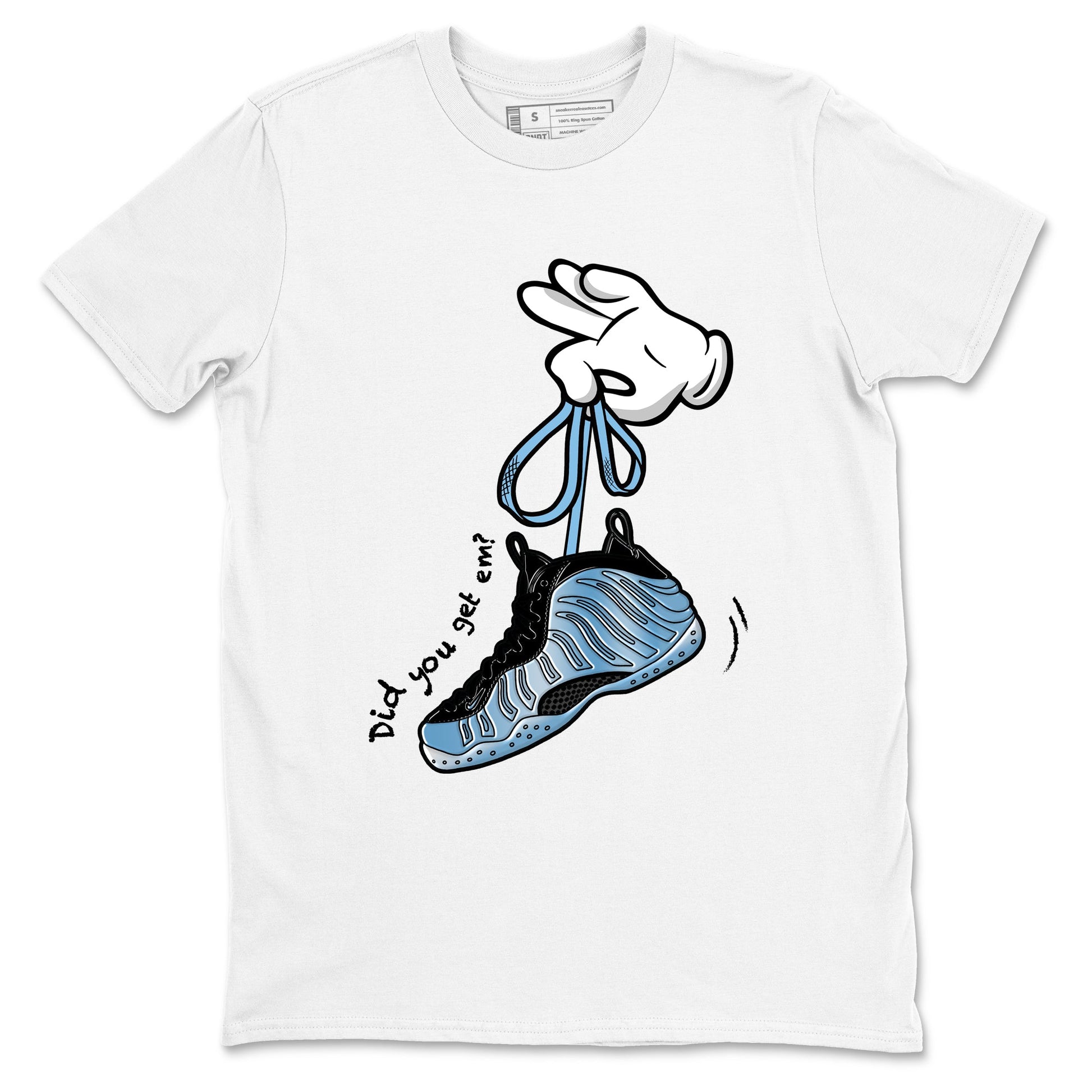 Cartoon Hands sneaker match t-shirt styled to complete your fit with the Air Foamposite One Psychic Blue sneakers, shown in White 2.