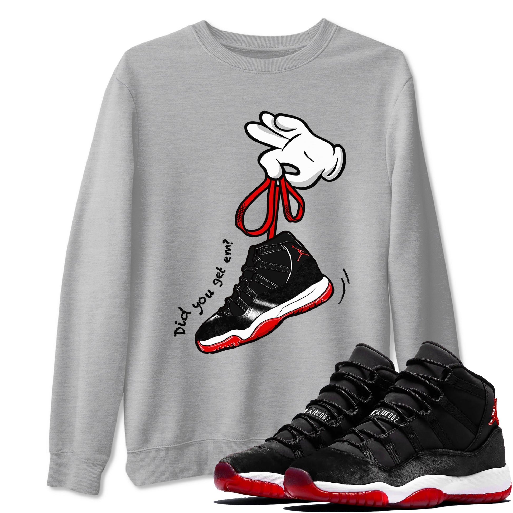 11s Bred Velvet shirts to match jordans Cartoon Hands sneaker match tees Air Jordan 11 Retro Bred Velvet match shoes to clothes SNRT Sneaker Tees unisex cotton Heather Grey 1 shirts