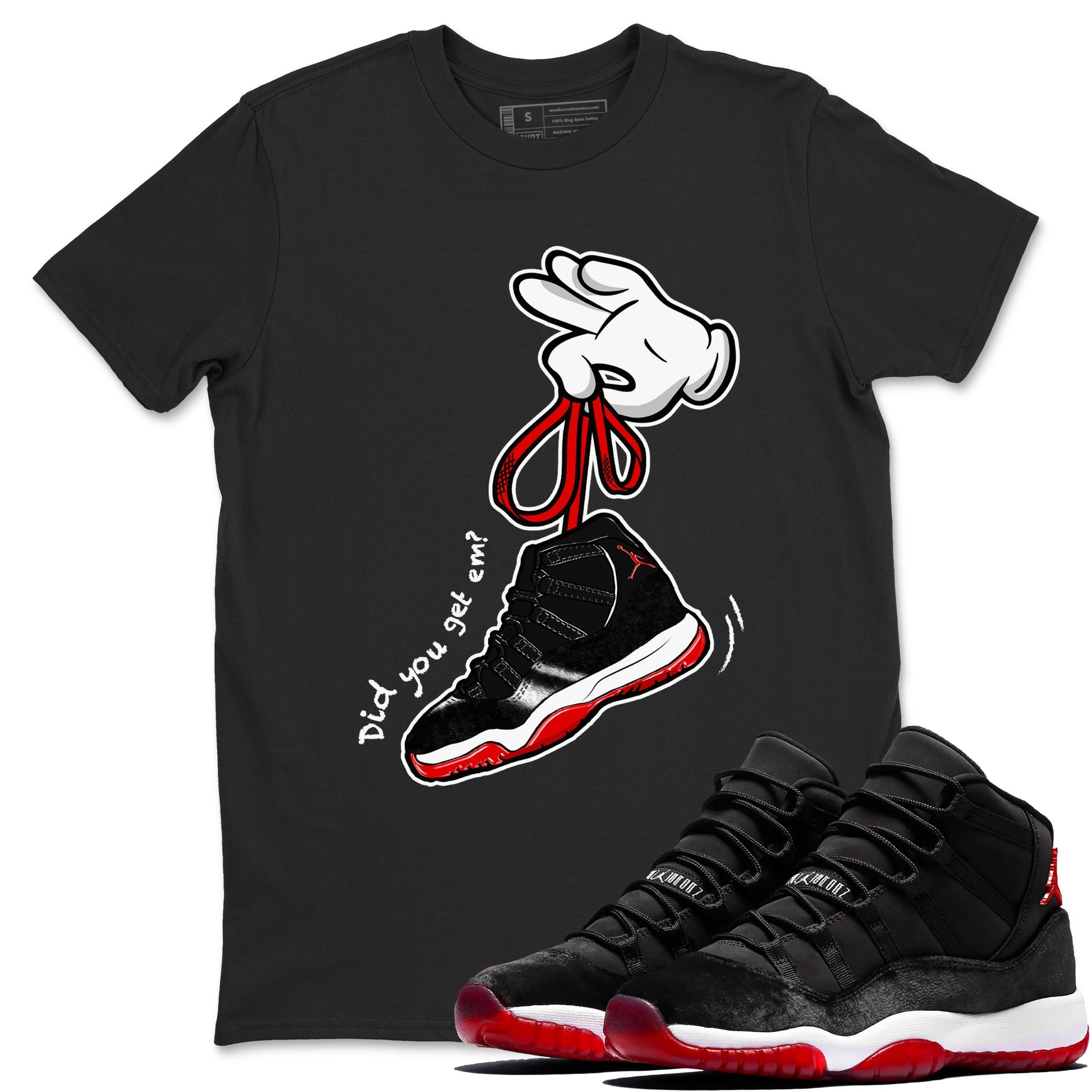 11s Bred Velvet shirts to match jordans Cartoon Hands sneaker match tees Air Jordan 11 Retro Bred Velvet match shoes to clothes SNRT Sneaker Tees unisex cotton Black 1 shirts