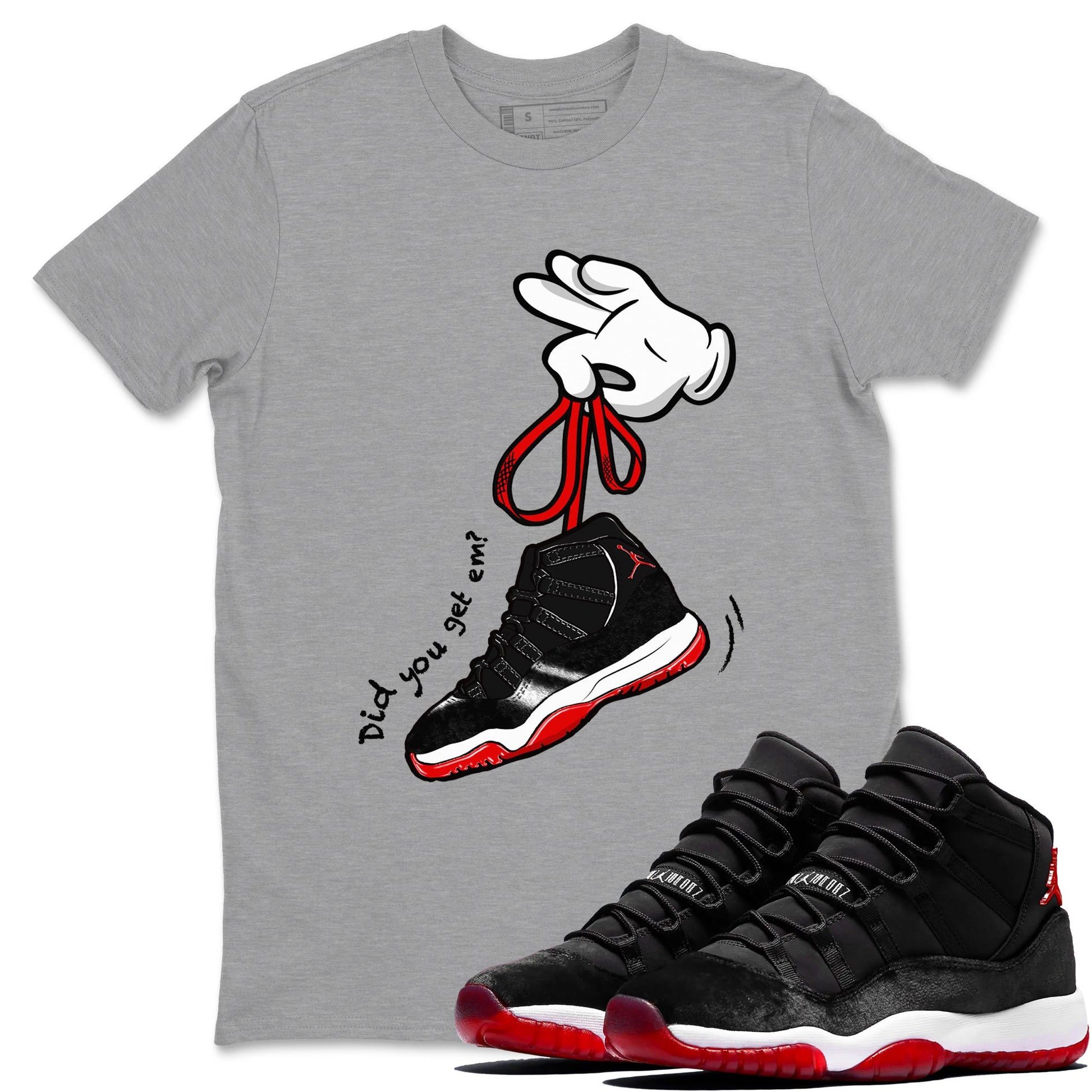 11s Bred Velvet shirts to match jordans Cartoon Hands sneaker match tees Air Jordan 11 Retro Bred Velvet match shoes to clothes SNRT Sneaker Tees unisex cotton Heather Grey 1 shirts