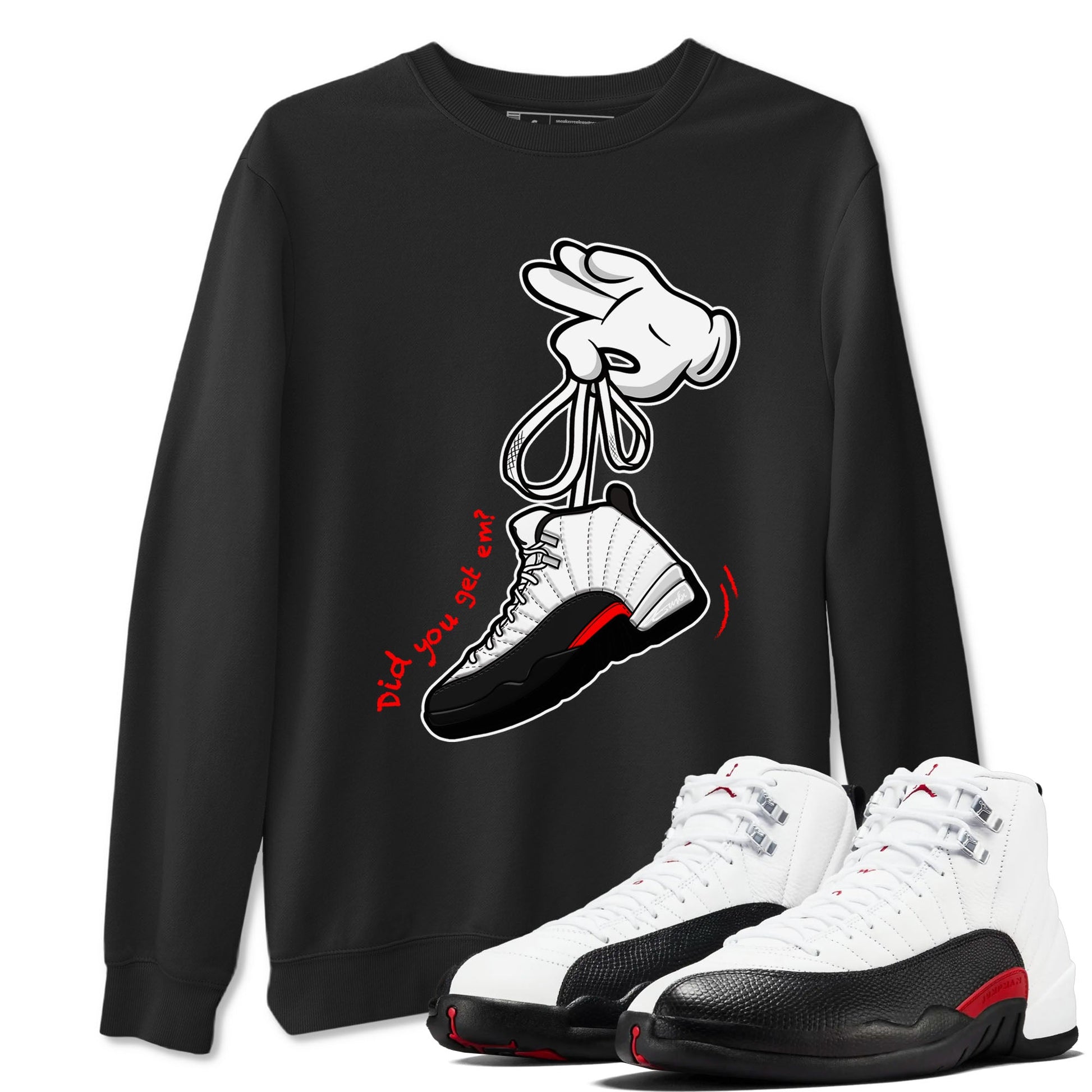 Air Jordan 12 Retro Taxi Flip shirts to match jordans Cartoon Hands sneaker match tees 12s Red Taxi SNRT sneaker release Tees unisex cotton Black 1 crew neck shirt