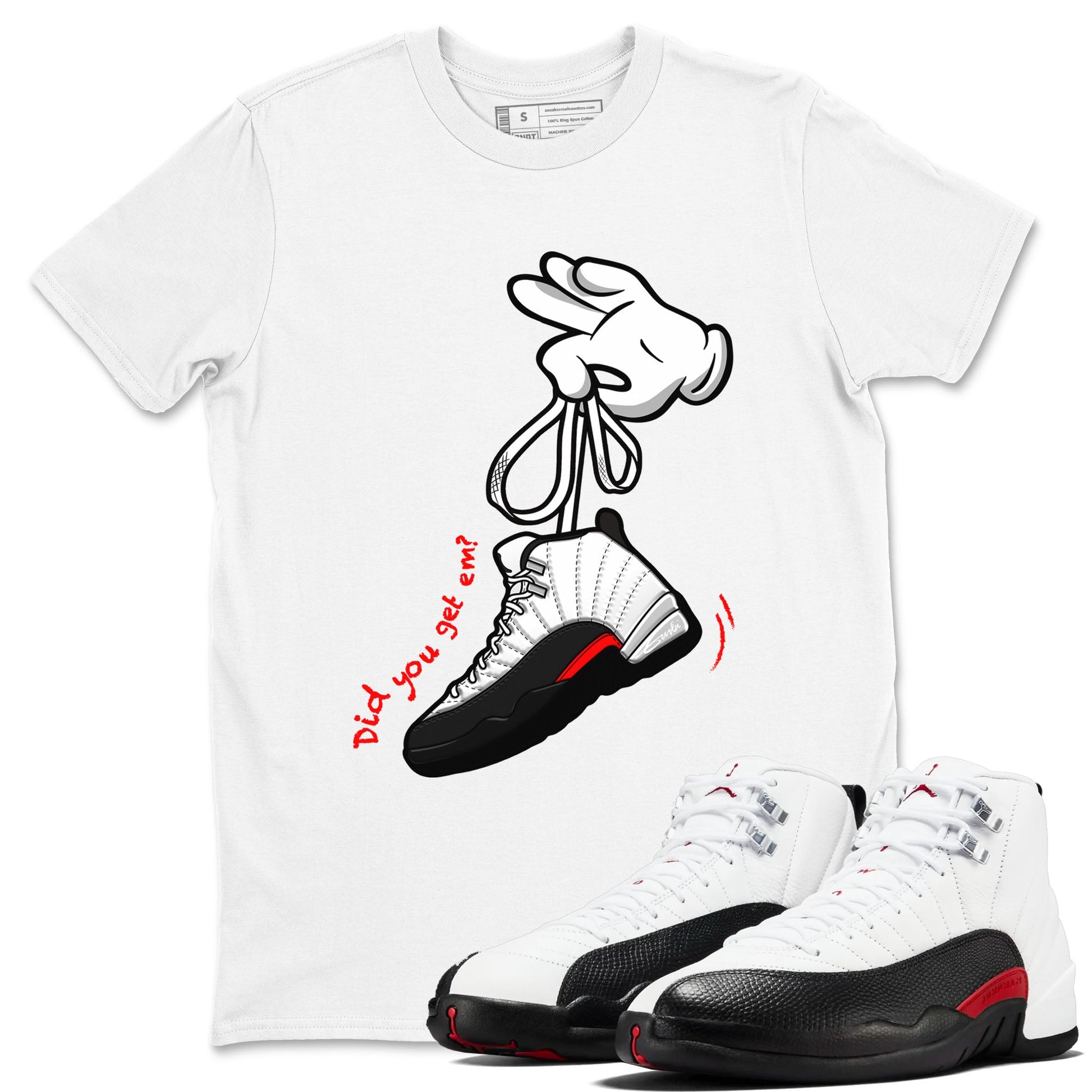Air Jordan 12 Retro Taxi Flip shirts to match jordans Cartoon Hands sneaker match tees 12s Red Taxi SNRT sneaker release Tees unisex cotton White 1 crew neck shirt
