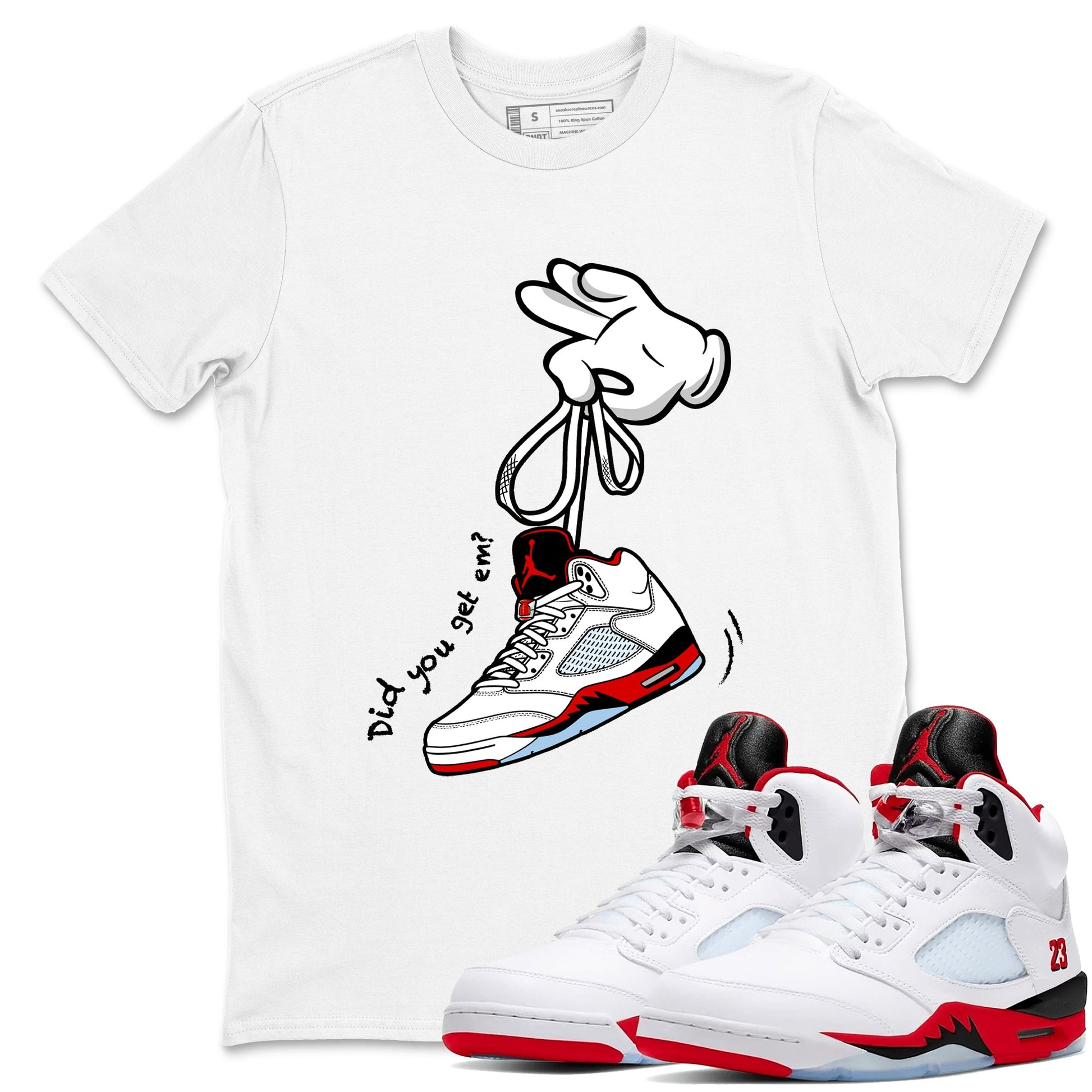 Sneaker match tees – Sneaker Tees To Match Air Jordan 5 Fire Red Shoes – Cartoon Hands Tee White 1