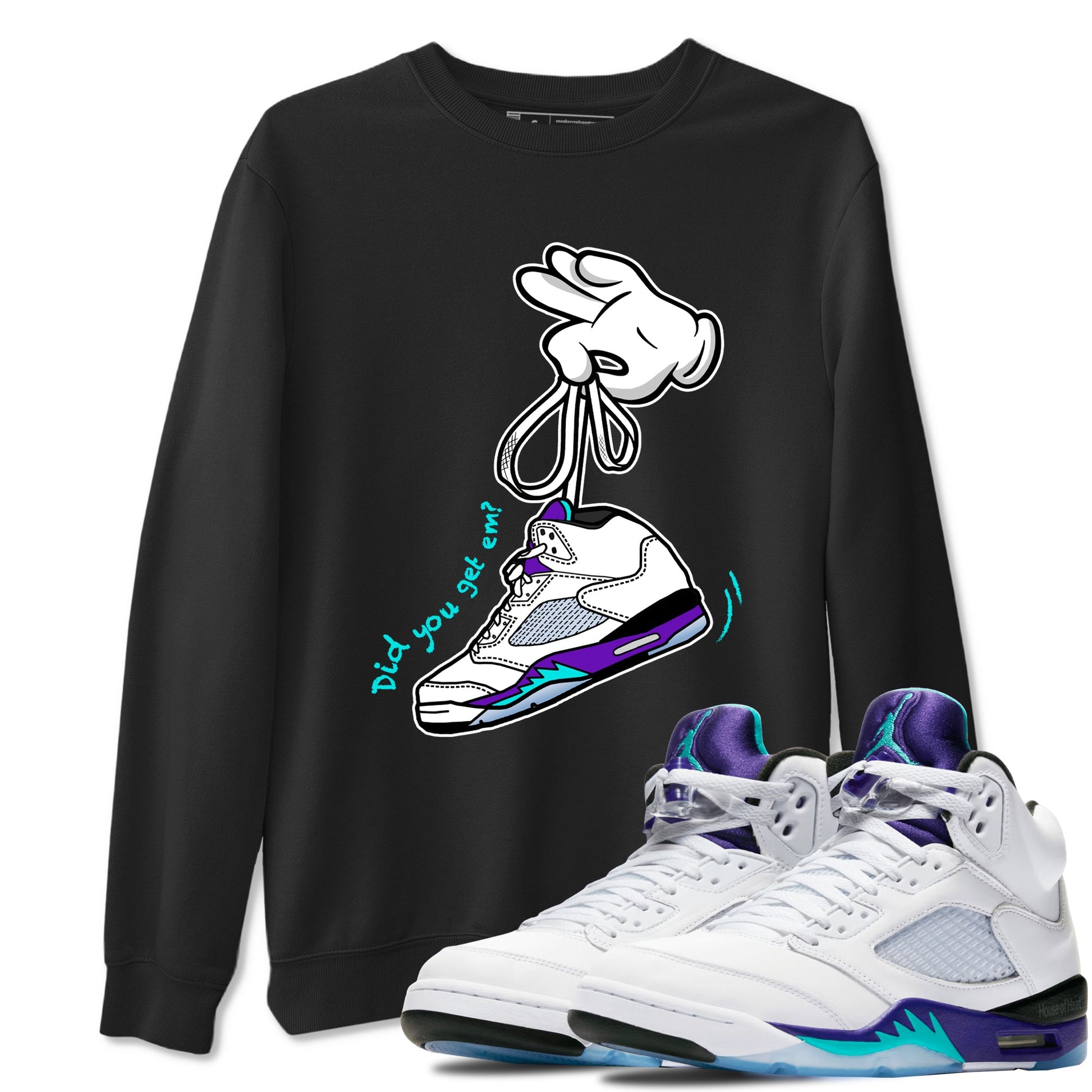 Cartoon Hands sneaker match t-shirt styled to complete your fit with the Air Jordan 5 Grape sneakers, shown in Black 1.