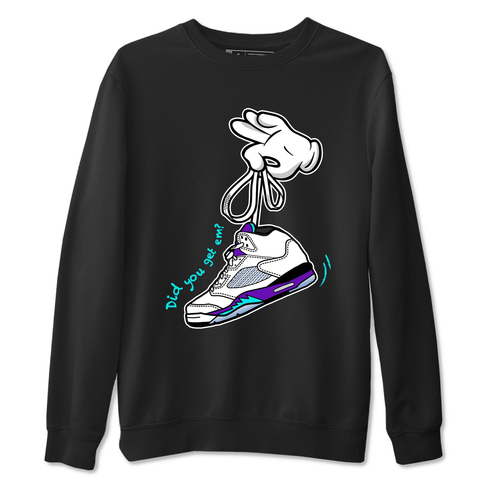 Cartoon Hands sneaker match t-shirt styled to complete your fit with the Air Jordan 5 Grape sneakers, shown in Black 2.