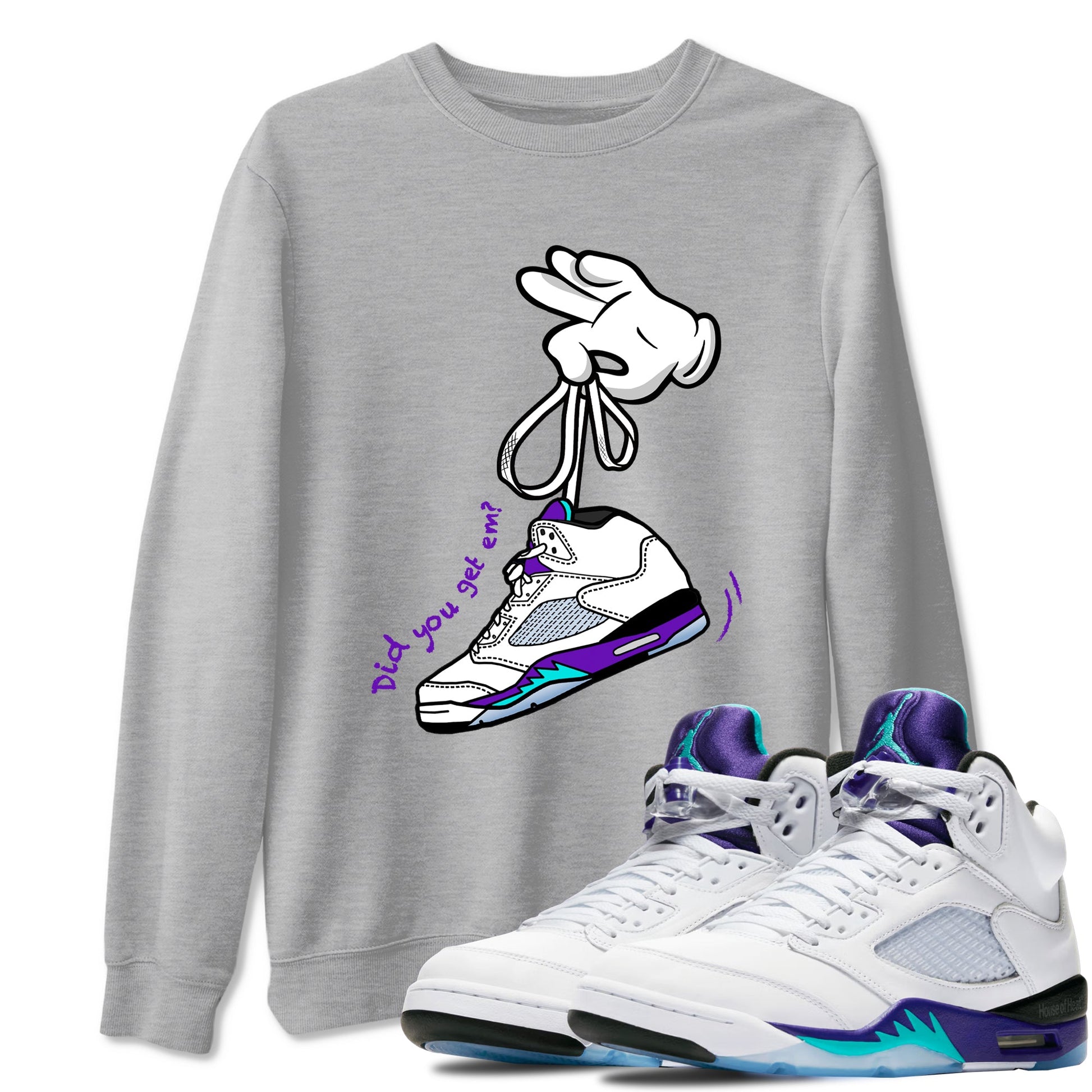 Cartoon Hands sneaker match t-shirt styled to complete your fit with the Air Jordan 5 Grape sneakers, shown in Heather Grey 1.