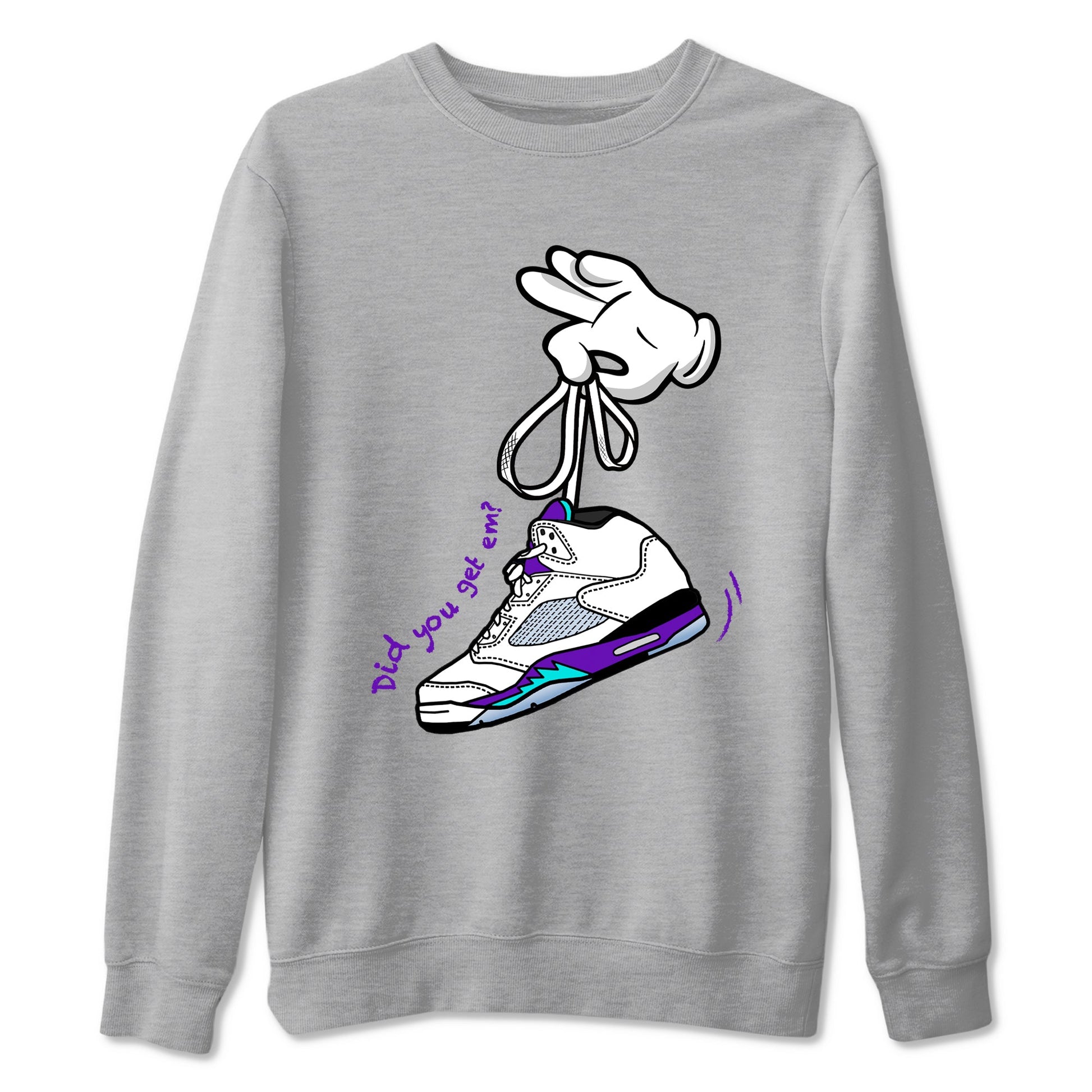 Cartoon Hands sneaker match t-shirt styled to complete your fit with the Air Jordan 5 Grape sneakers, shown in Heather Grey 2.