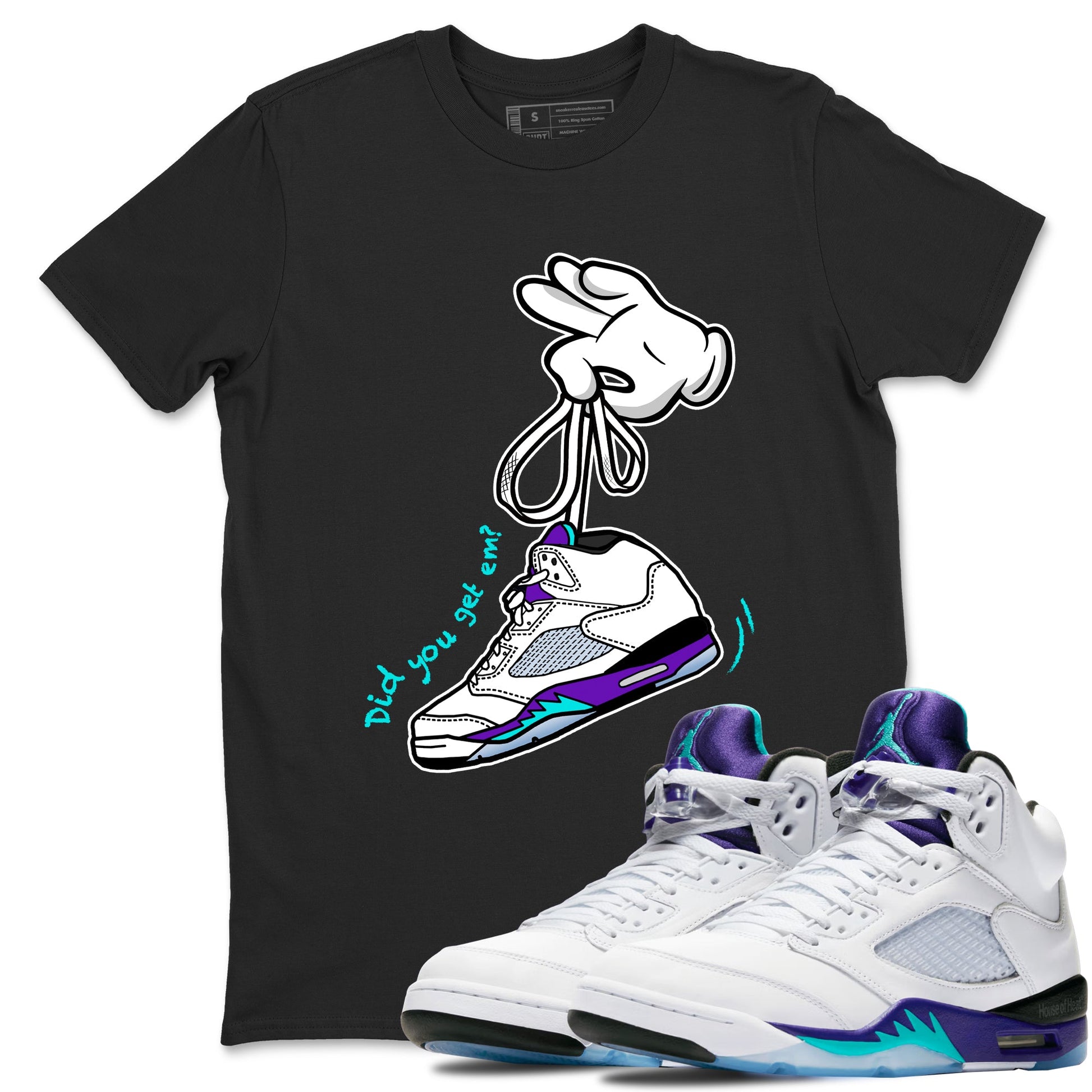 Cartoon Hands sneaker match t-shirt styled to complete your fit with the Air Jordan 5 Grape sneakers, shown in Black 1.