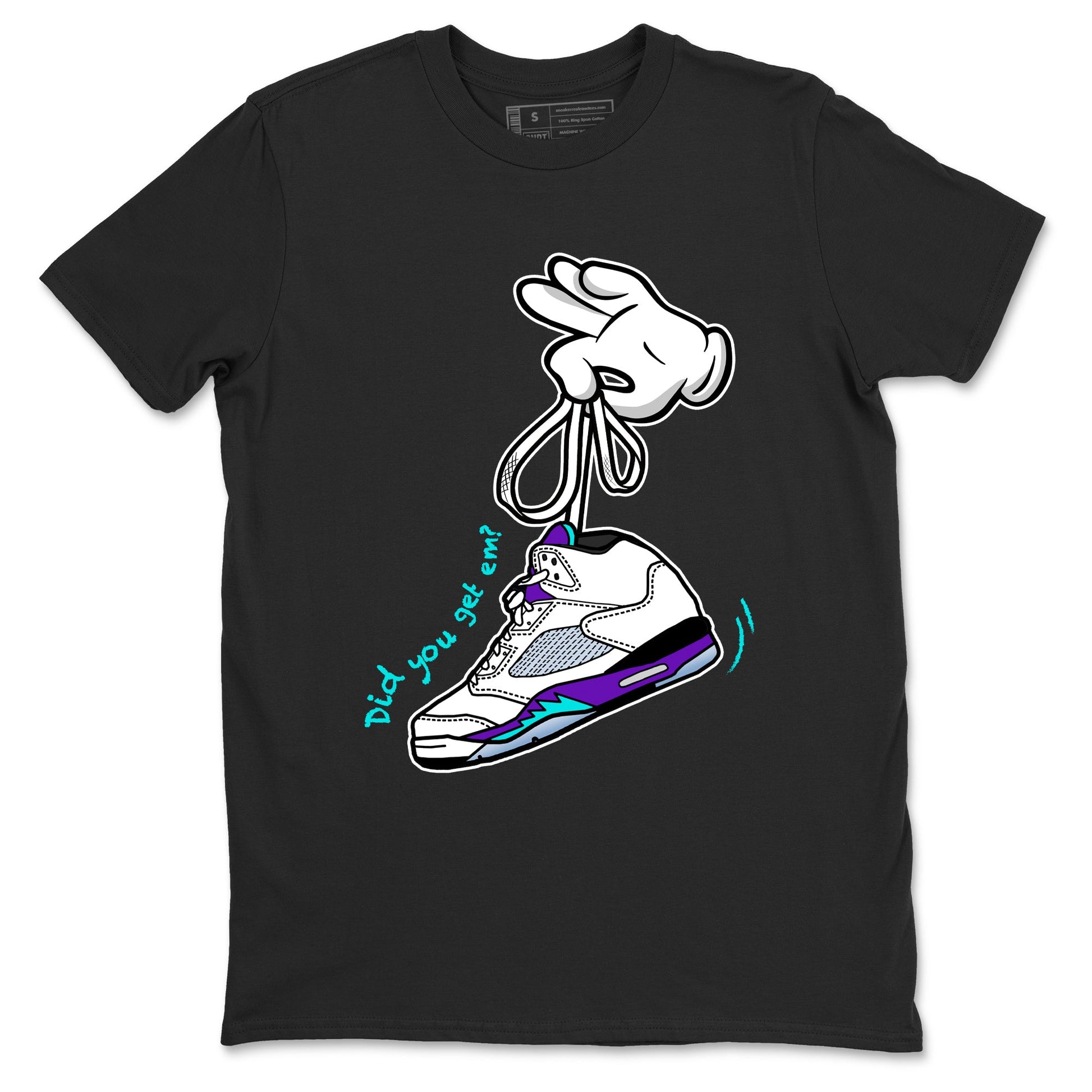 Cartoon Hands sneaker match t-shirt styled to complete your fit with the Air Jordan 5 Grape sneakers, shown in Black 2.