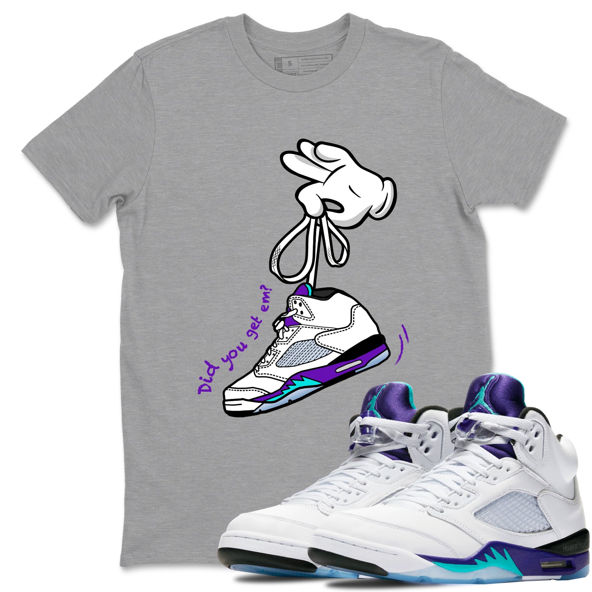 Cartoon Hands sneaker match t-shirt styled to complete your fit with the Air Jordan 5 Grape sneakers, shown in Heather Grey 1.