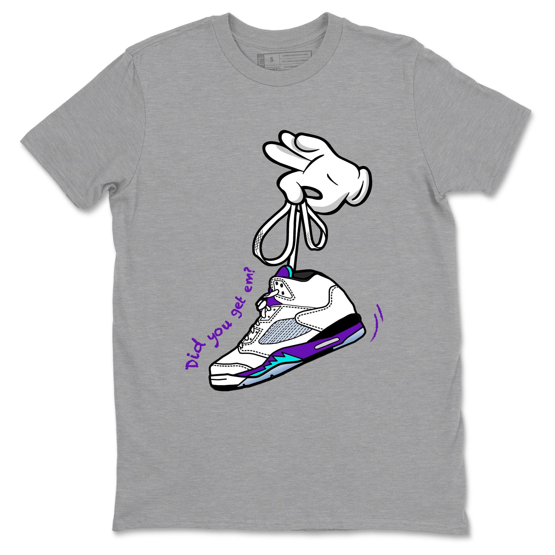 Cartoon Hands sneaker match t-shirt styled to complete your fit with the Air Jordan 5 Grape sneakers, shown in Heather Grey 2.