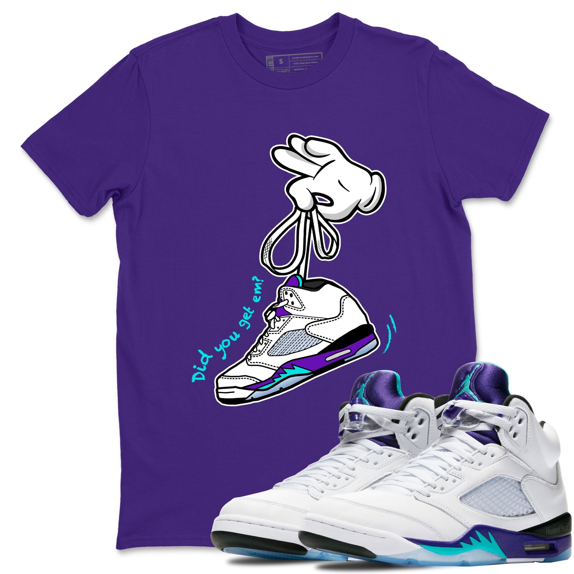Cartoon Hands sneaker match t-shirt styled to complete your fit with the Air Jordan 5 Grape sneakers, shown in Purple 1.