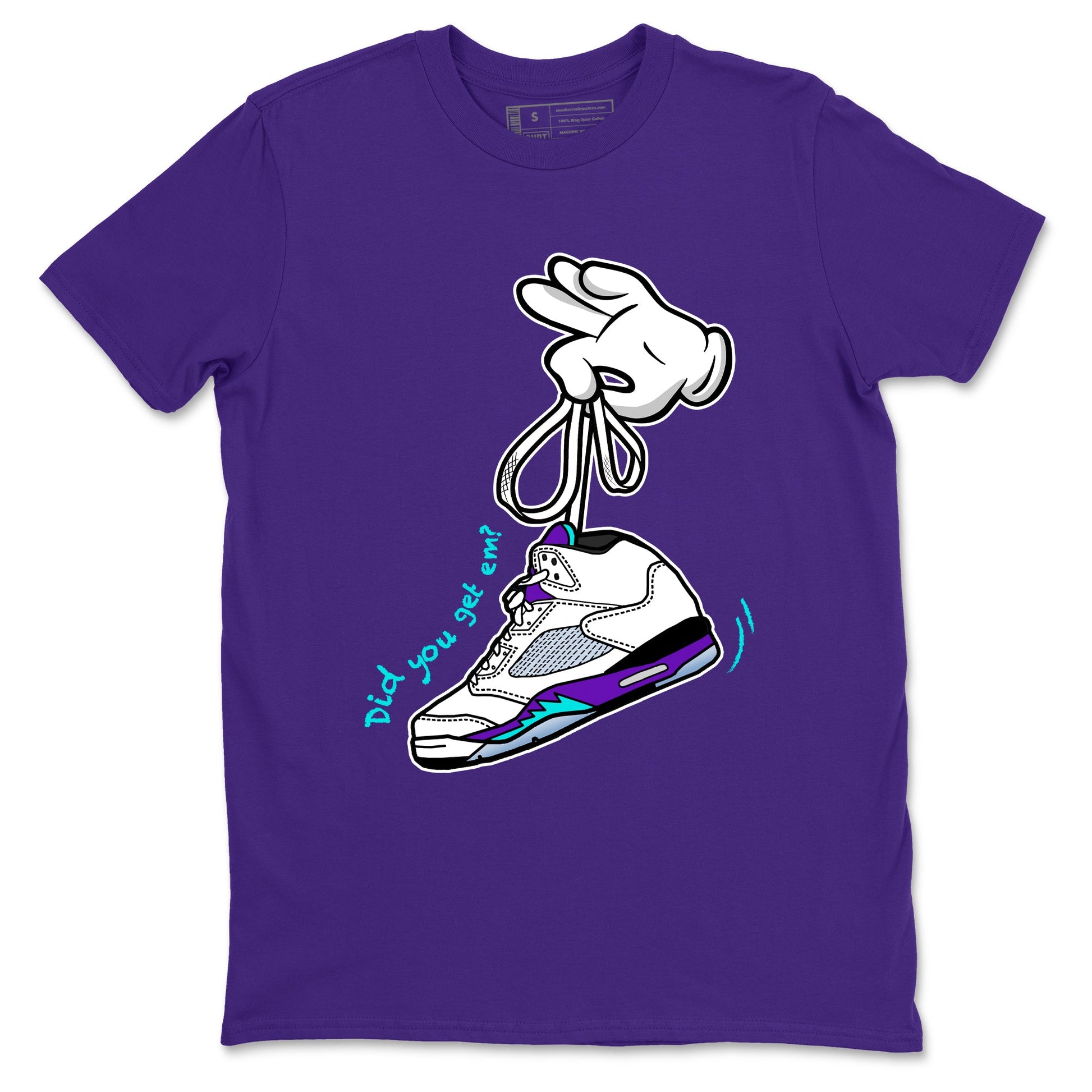 Cartoon Hands sneaker match t-shirt styled to complete your fit with the Air Jordan 5 Grape sneakers, shown in Purple 2.
