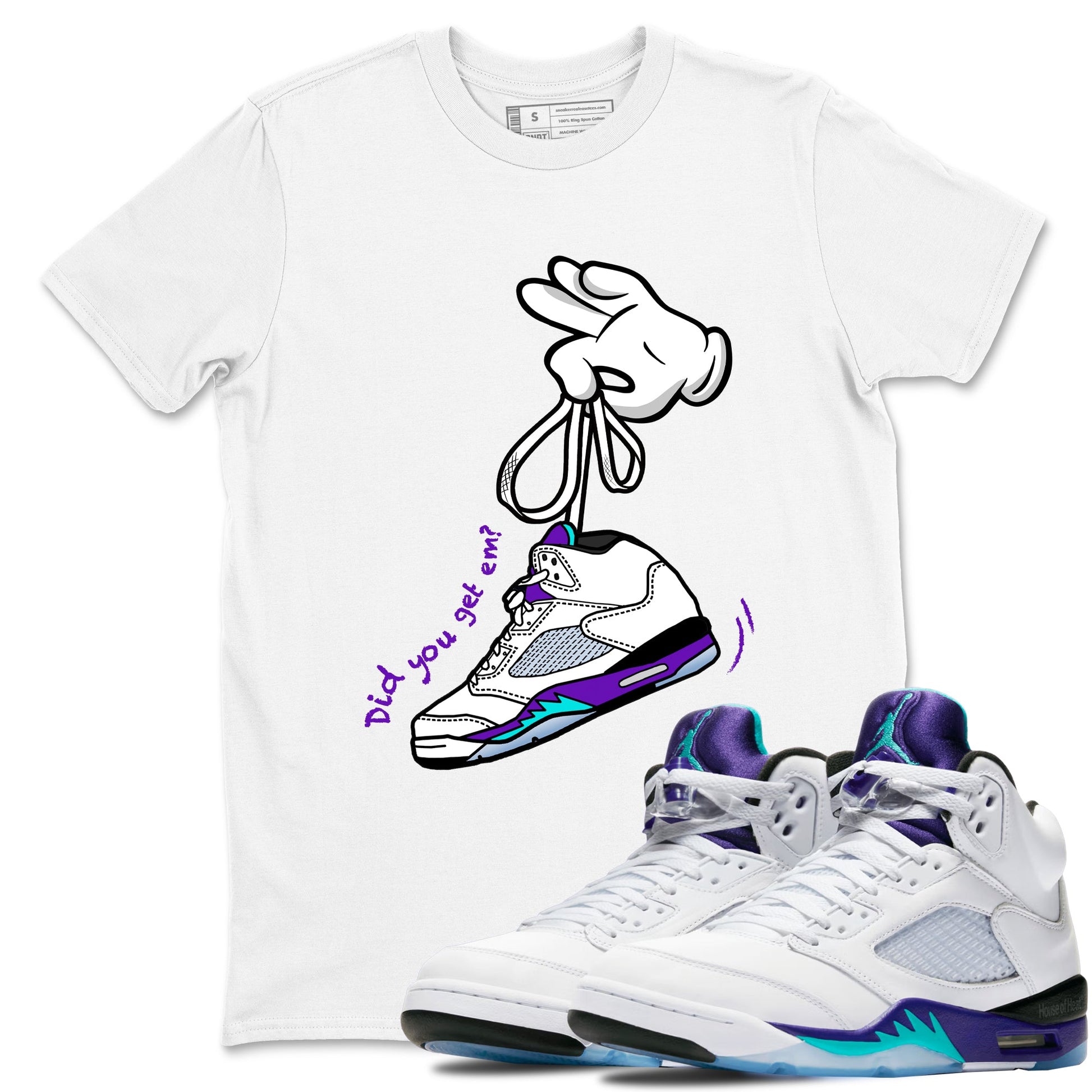 Cartoon Hands sneaker match t-shirt styled to complete your fit with the Air Jordan 5 Grape sneakers, shown in White 1.