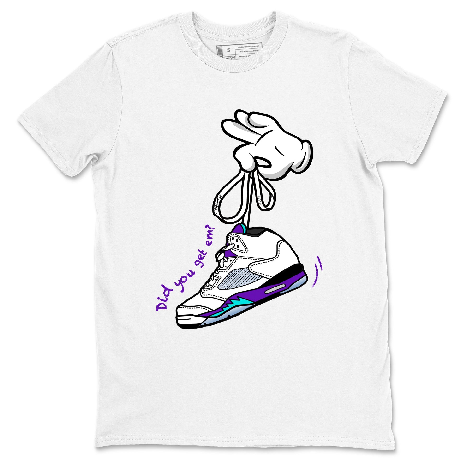 Cartoon Hands sneaker match t-shirt styled to complete your fit with the Air Jordan 5 Grape sneakers, shown in White 2.