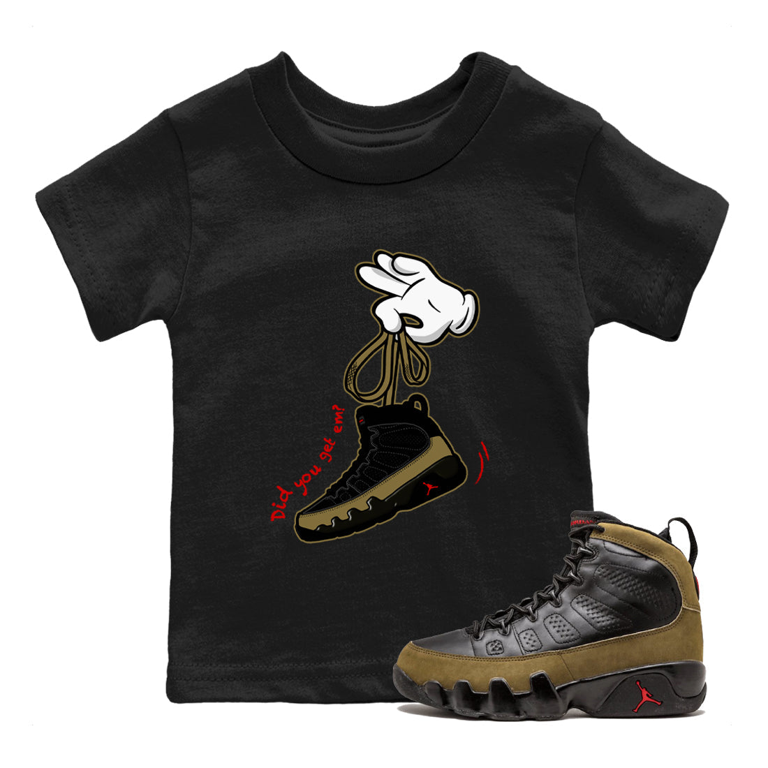 9s Olive shirts to match jordans Cartoon Hands sneaker match tees Air Jordan 9 Olive match shoes to clothes SNRT Sneaker Tees Youth Baby Black 1 tee