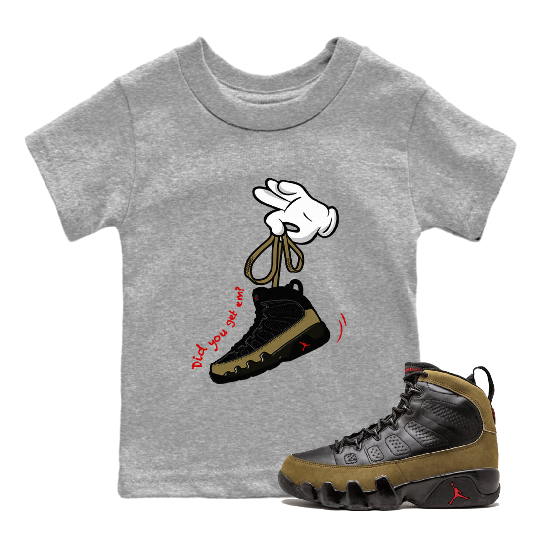 9s Olive shirts to match jordans Cartoon Hands sneaker match tees Air Jordan 9 Olive match shoes to clothes SNRT Sneaker Tees Youth Baby Heather Grey 1 tee
