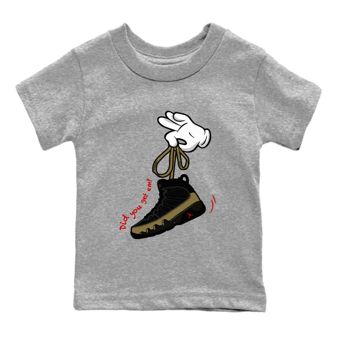 9s Olive shirts to match jordans Cartoon Hands sneaker match tees Air Jordan 9 Olive match shoes to clothes SNRT Sneaker Tees Youth Baby Heather Grey 2 tee
