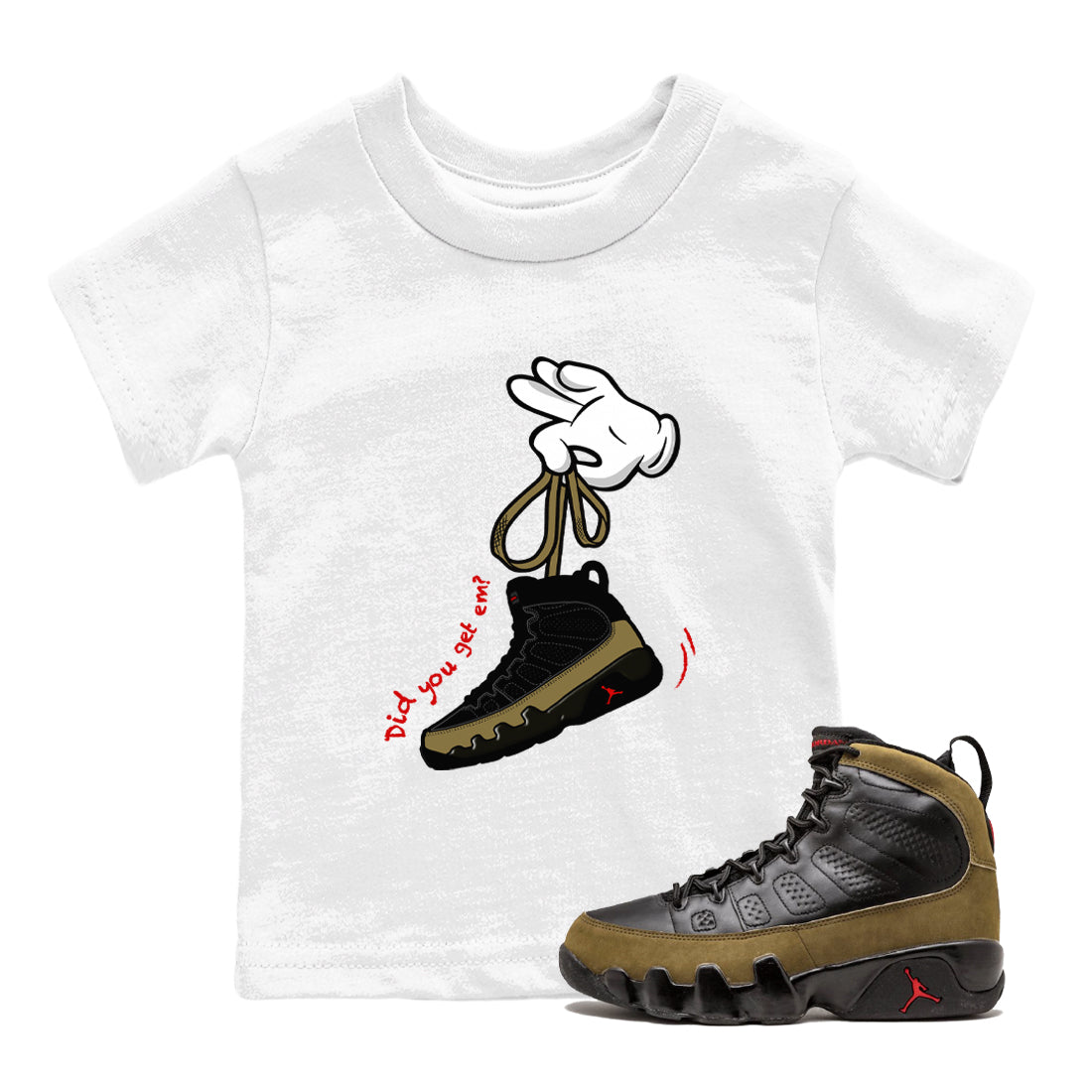 9s Olive shirts to match jordans Cartoon Hands sneaker match tees Air Jordan 9 Olive match shoes to clothes SNRT Sneaker Tees Youth Baby White 1 tee