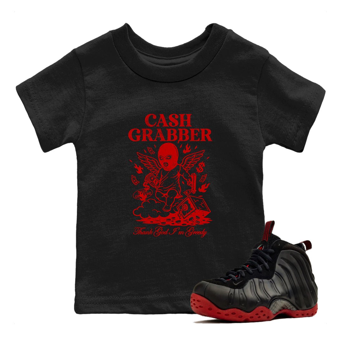 Sneaker match tees – Sneaker Tees To Match Air Foamposite Cough Drop Shoes – Cash Grabber Kids T-Shirt Black 1