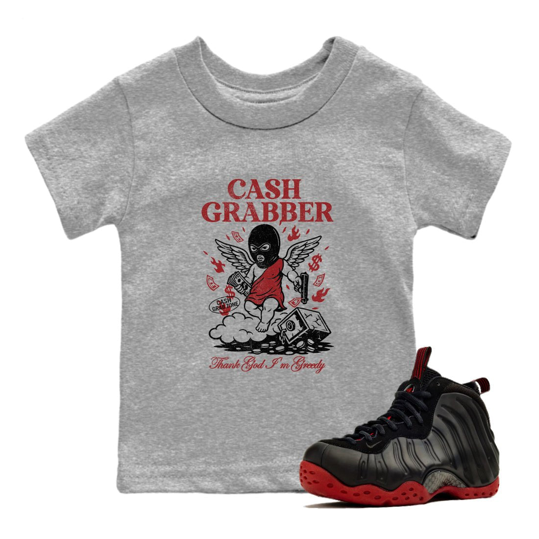 Sneaker match tees – Sneaker Tees To Match Air Foamposite Cough Drop Shoes – Cash Grabber Kids T-Shirt Heather Grey 1