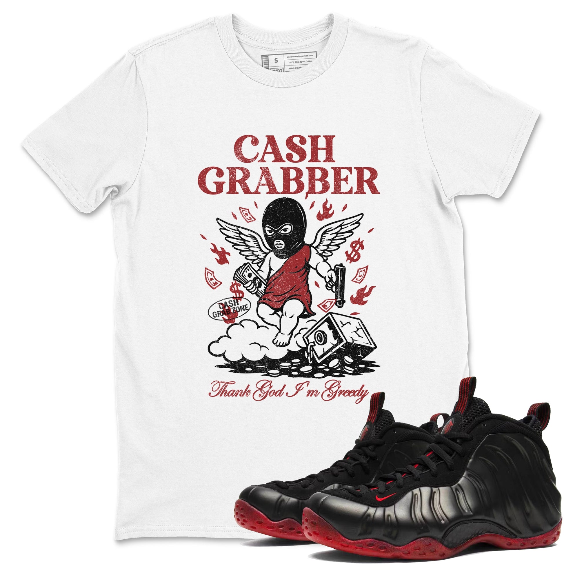 Sneaker match tees – Sneaker Tees To Match Air Foamposite Cough Drop Shoes – Cash Grabber Tee White 1